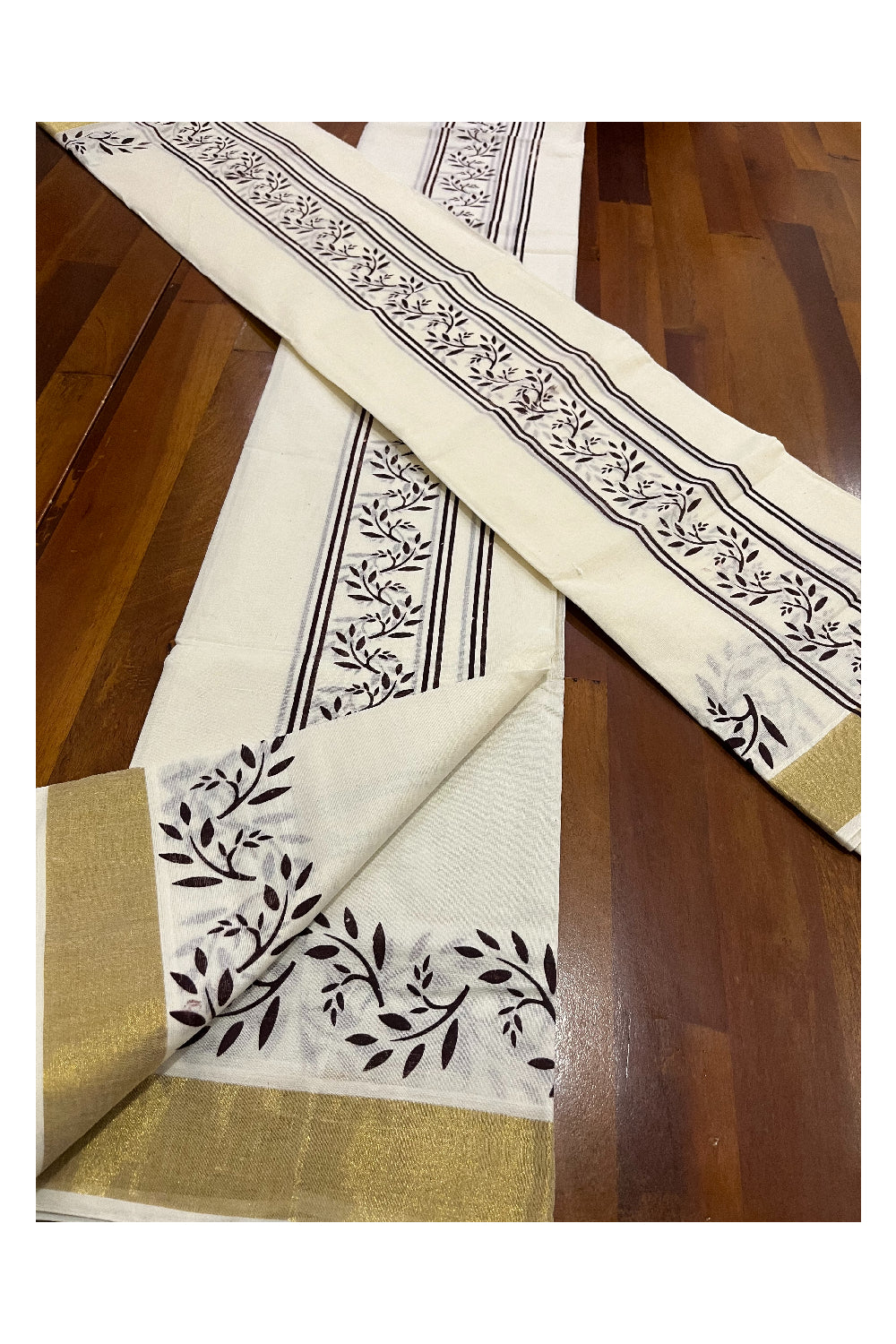 Cotton Kerala Single Set Mundu with Brown Floral Block Prints