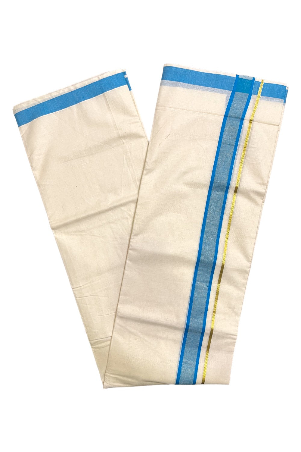 Kerala Pure Cotton Double Mundu with Blue and Kasavu Border (South Indian Kerala Dhoti)