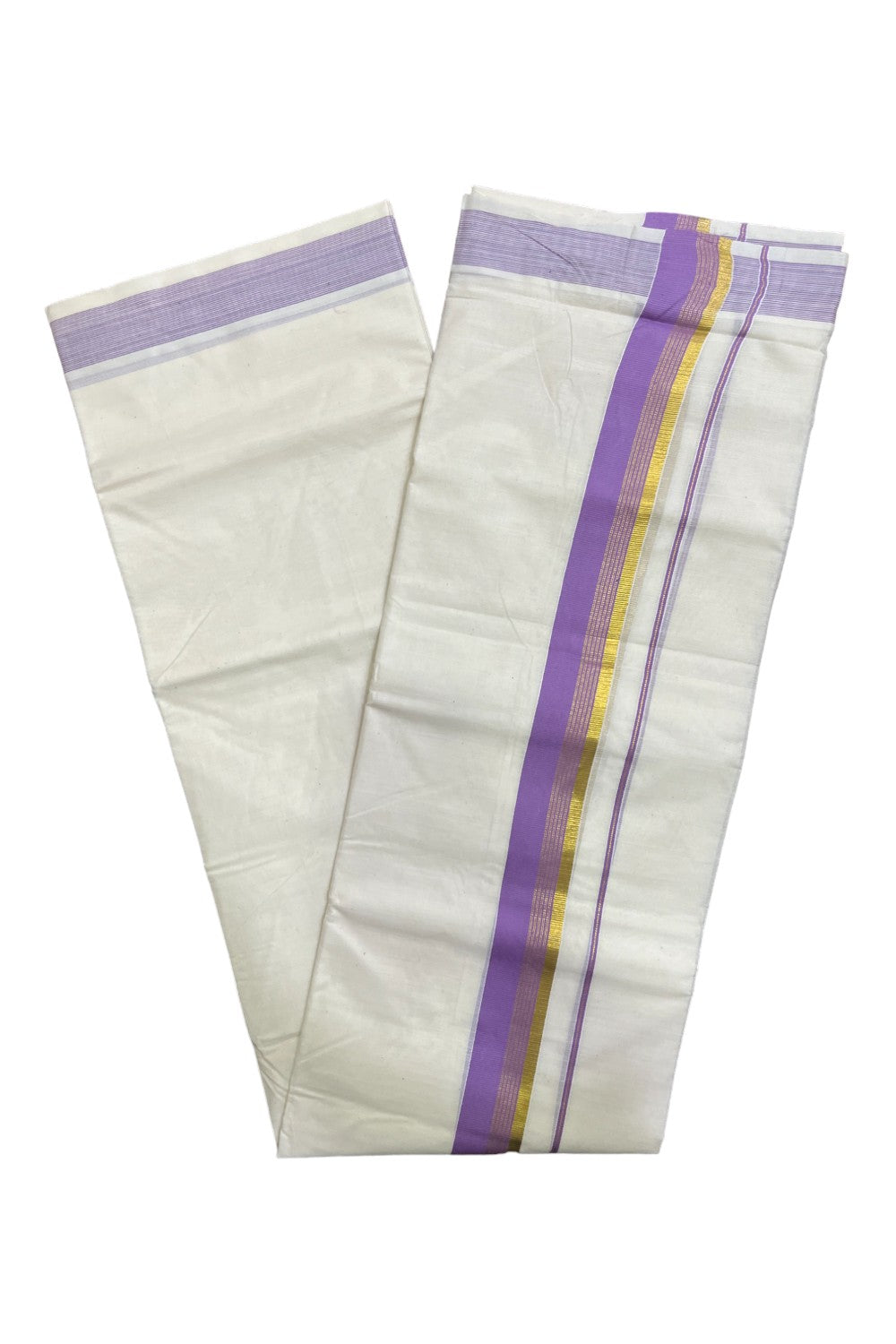 Kerala Pure Cotton Double Mundu with Violet and Kasavu Border (South Indian Kerala Dhoti)