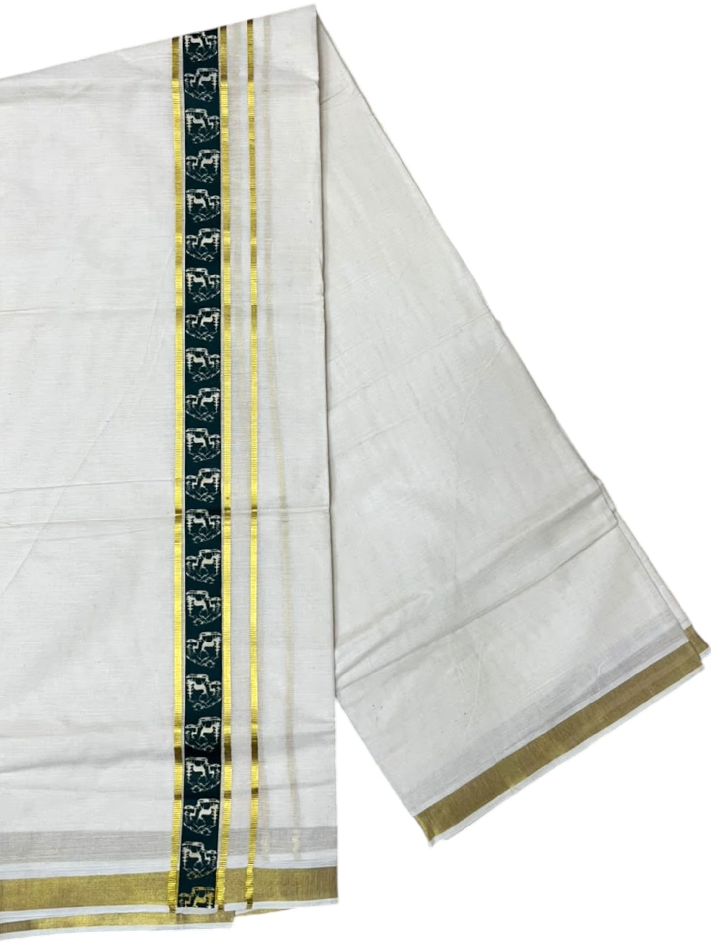 Southloom Pure Cotton Double Mundu with Green Block Printed And Ksavu Border (South Indian Kerala Dhoti)