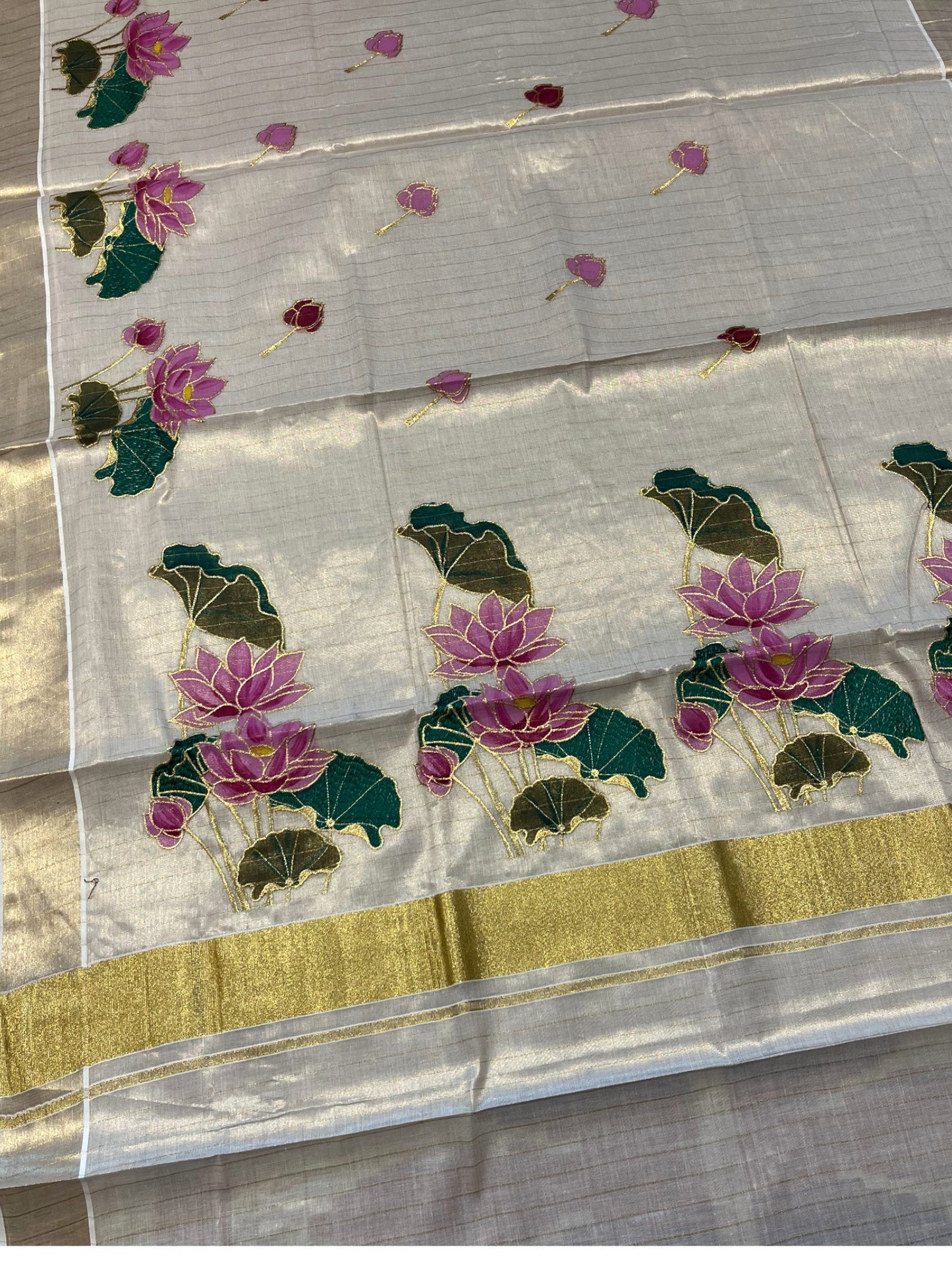 Southloom Tissue Kerala Kasavu Saree with Hand Painted Embroidery Lotus Design