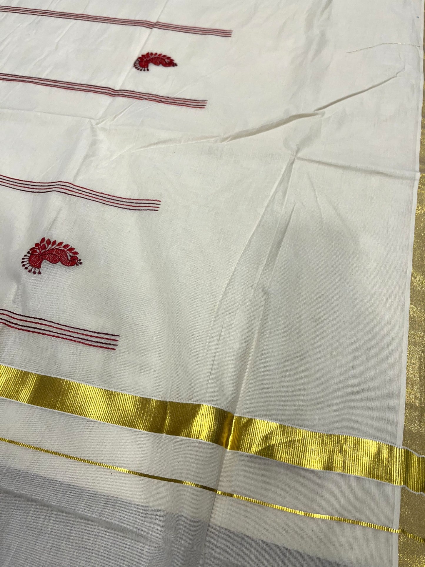 Southloom Kerala Cotton Kasavu Saree with Peacock Embroidery Works Across Body