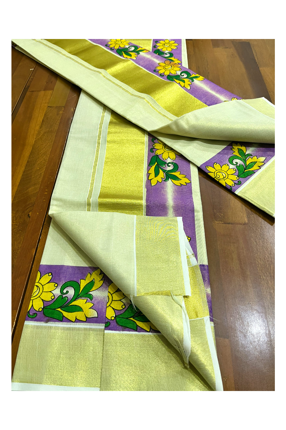 Kerala Tissue Single Set Mundu (Mundum Neriyathum) with Yellow Floral Block Prints in Violet Border 2.80 Mtrs (Onam 2024 Collection)