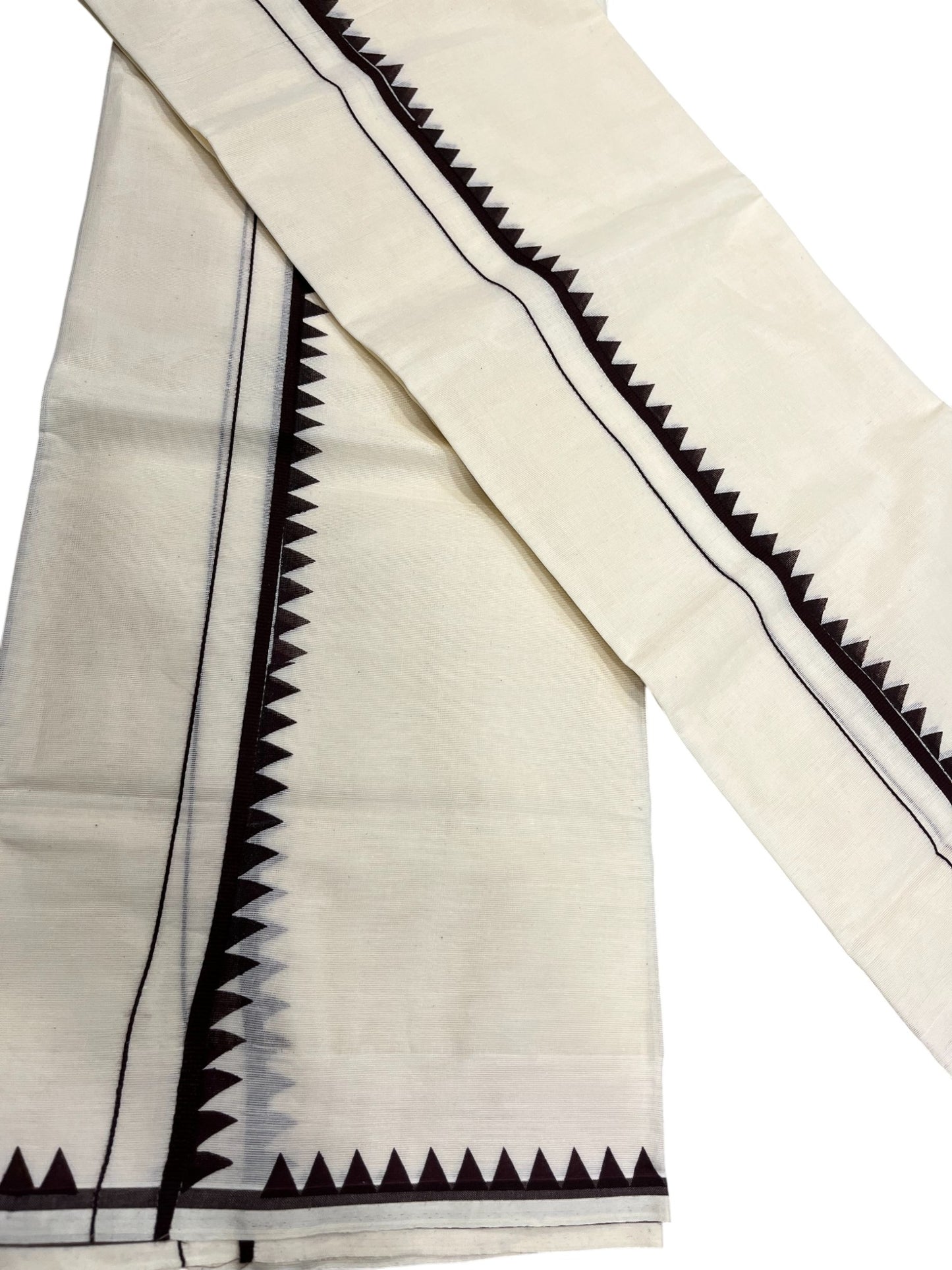 Southloom Kerala Cotton Set Mundu (Mundum Neriyathum) with Brown Block Prints on Body