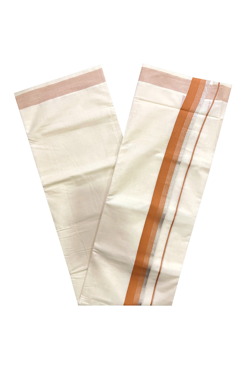 Off White Kerala Cotton Double Mundu with Silver Kasavu and Orange Border (South Indian Kerala Dhoti)