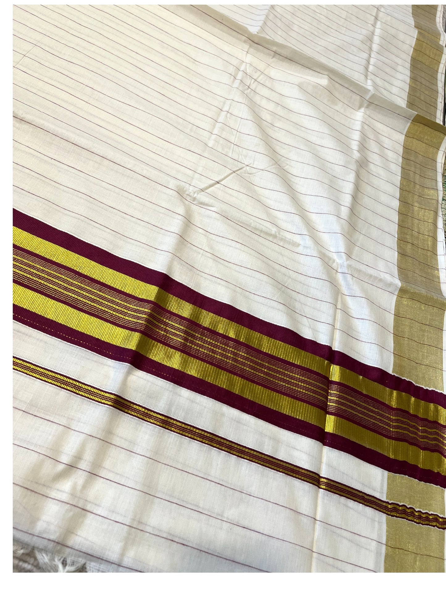 Southloom Kerala Cotton Kasavu Saree with Gold And Maroon Lines on Body