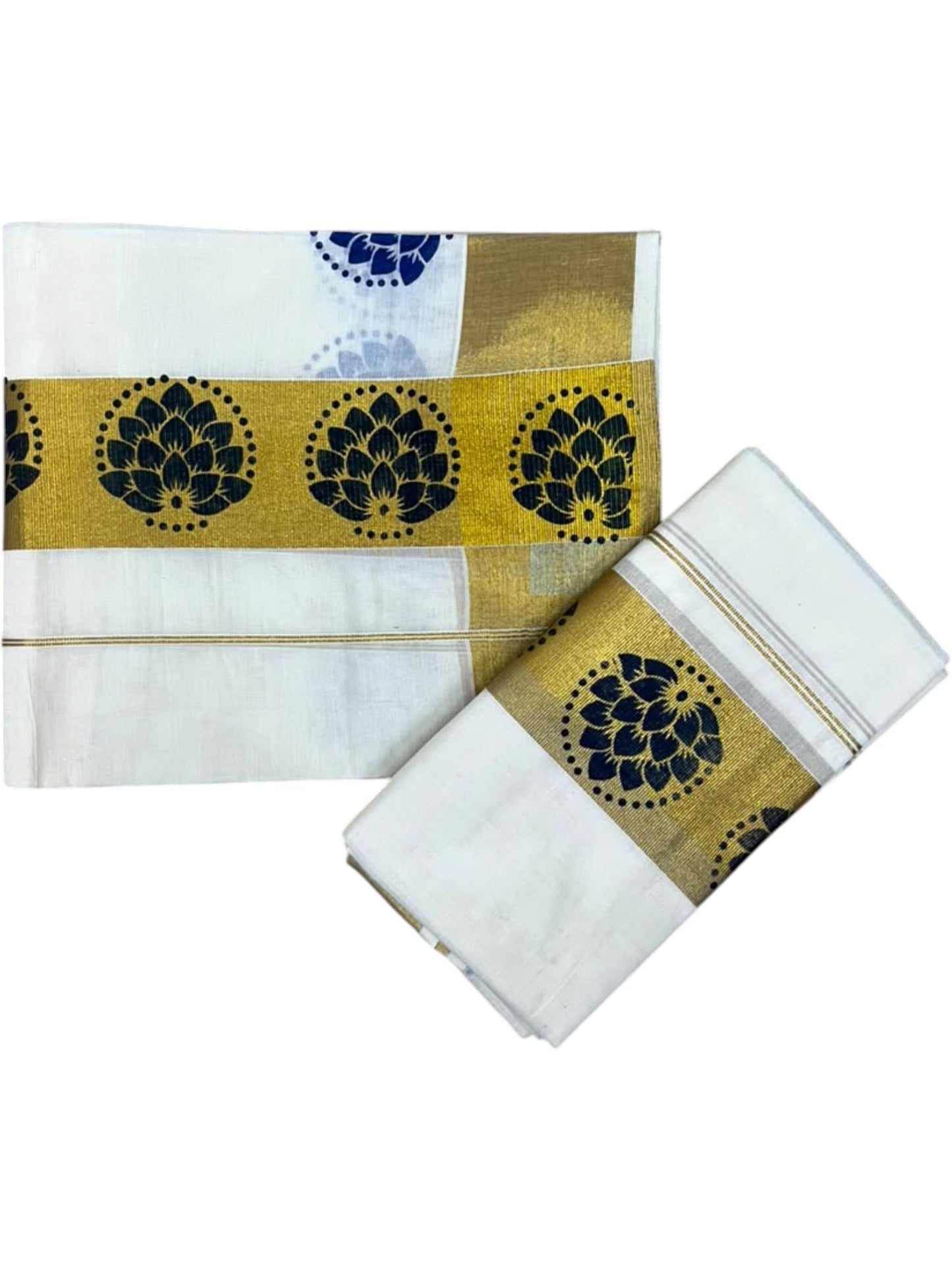 Southloom Pure Cotton Set Mundu with Gold Kasavu and Blue Floral Digital Print in 2.80 Mtrs SL383