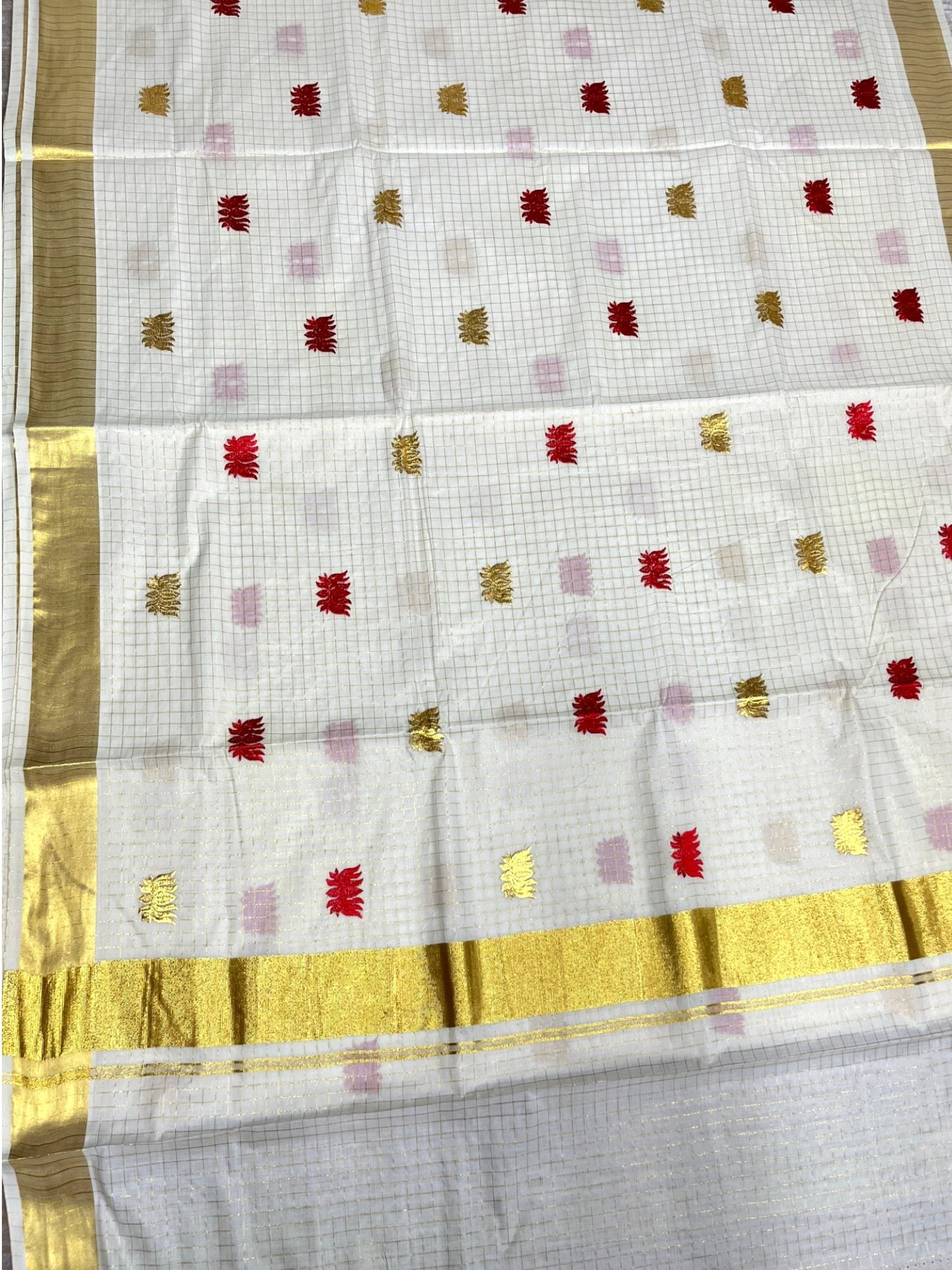 Southloom Cotton Kerala Kasavu Check Saree with Lotus Embroidery Design in Red