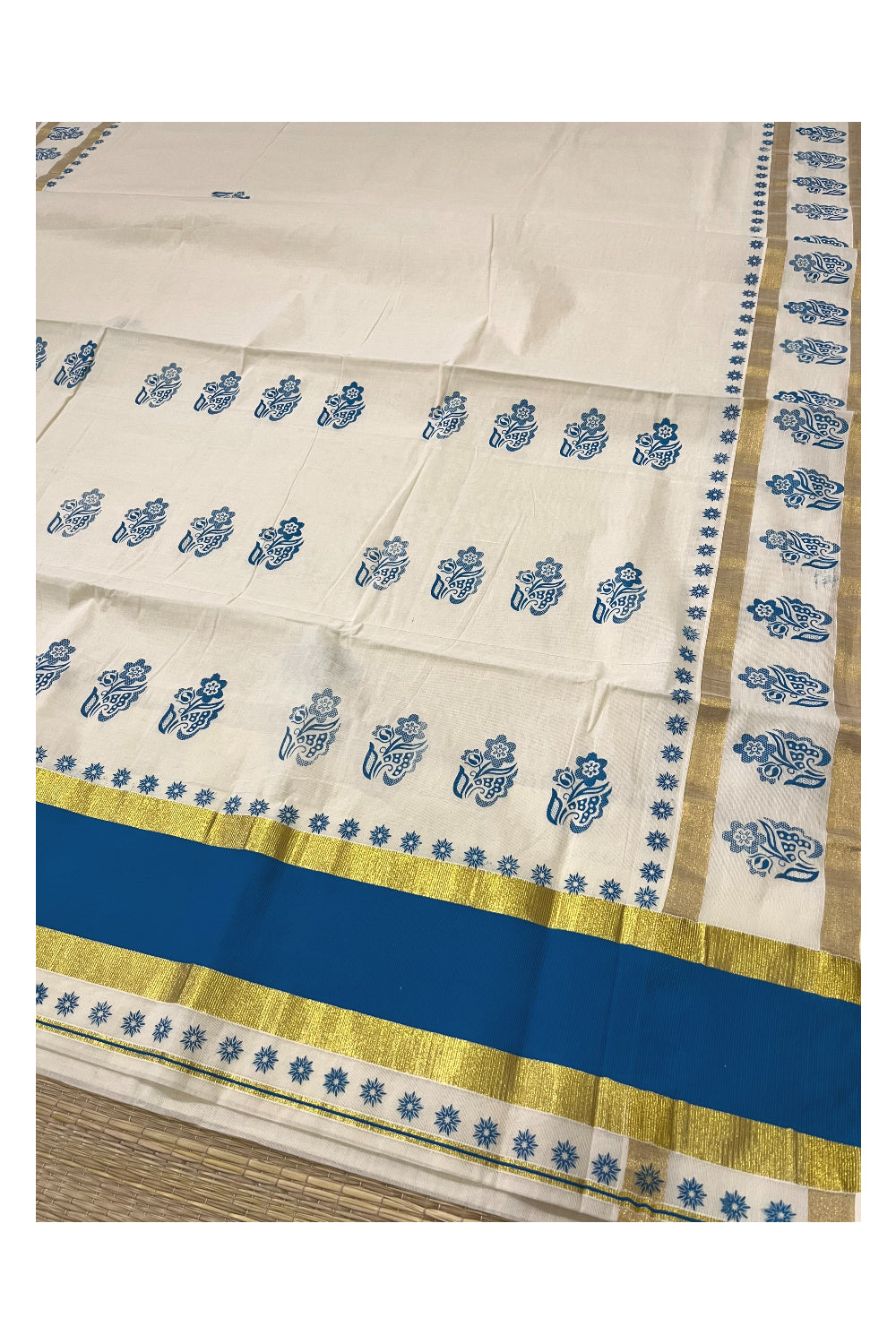 Pure Cotton Kerala Saree with Blue Floral Block Printed Kasavu Border