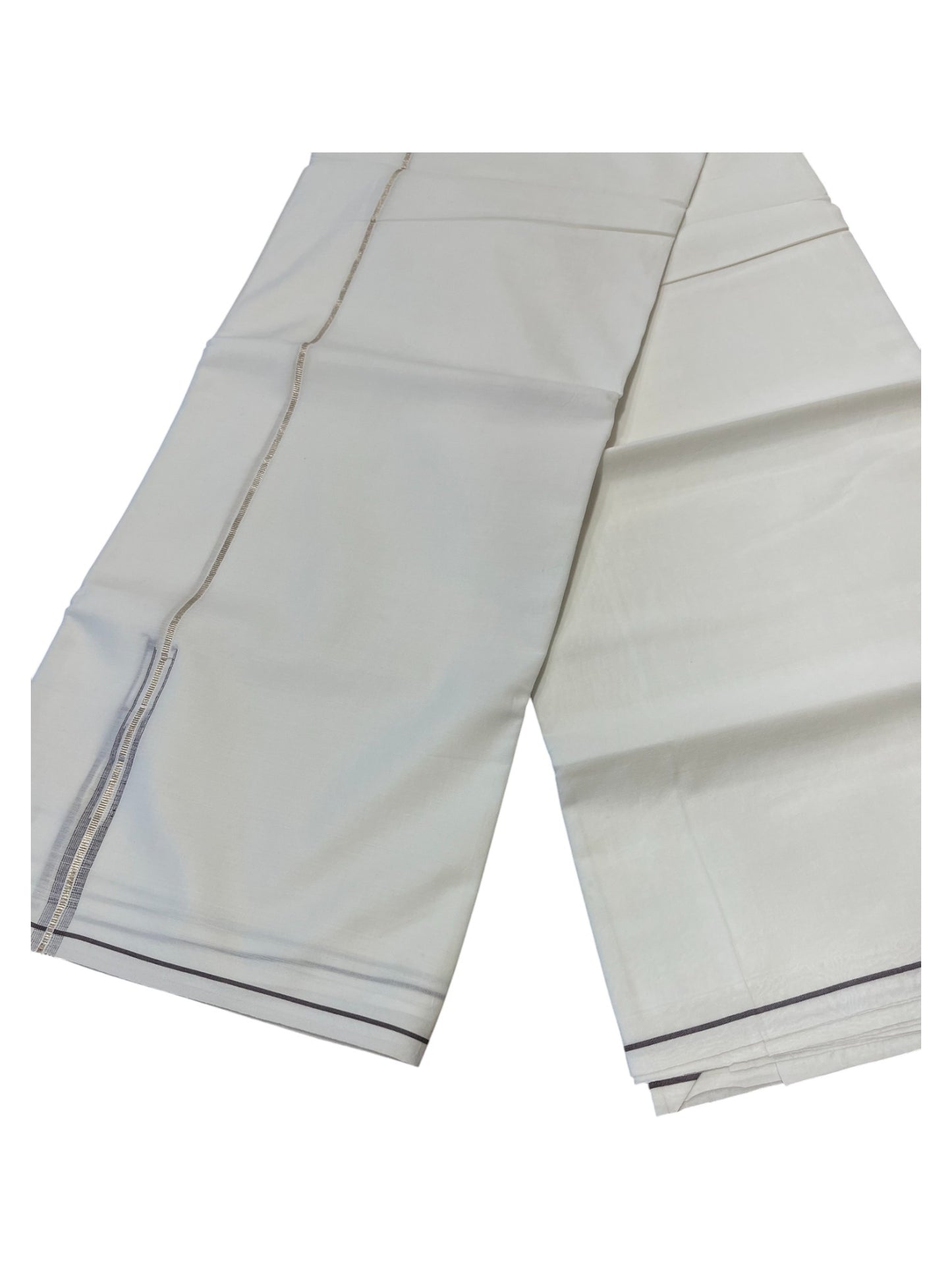 Pure White Cotton Double Mundu with Silver Chutti Kara (South Indian Dhoti)