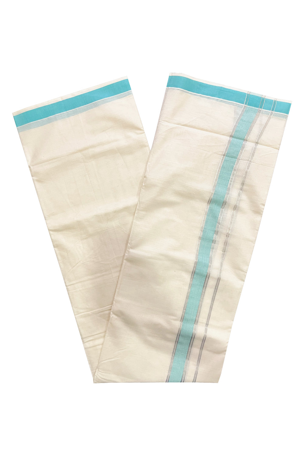 Pure Cotton Kerala Double Mundu with Silver Kasavu and Turquoise Border (South Indian Kerala Dhoti)