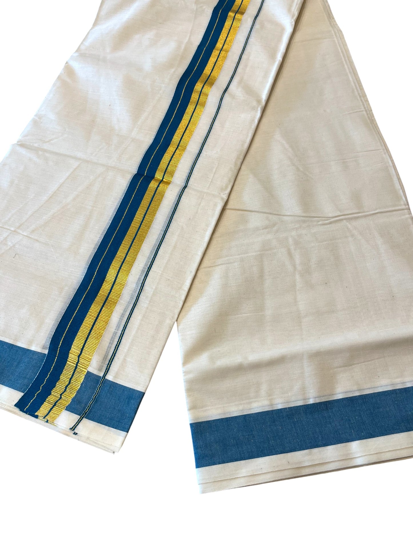Southloom Kerala Pure Cotton Double Mundu with Gold Lines & Blue Border (South Indian Dhoti)