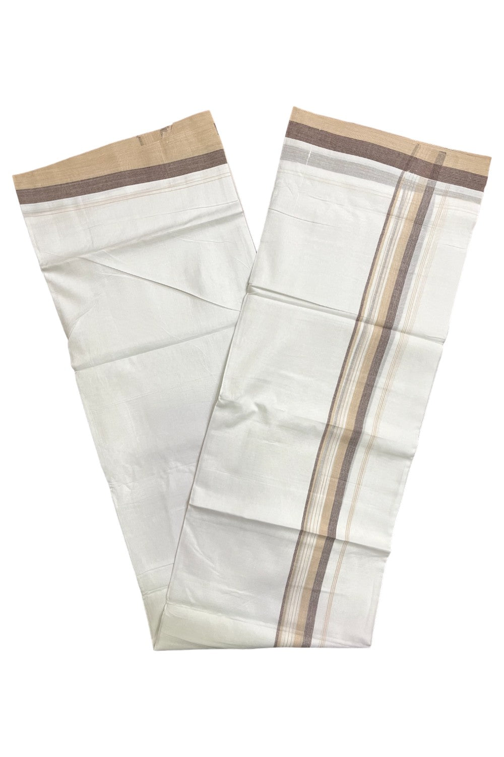 Pure White Cotton Kerala Double Mundu with Beige Brown Border (South Indian Kerala Dhoti)