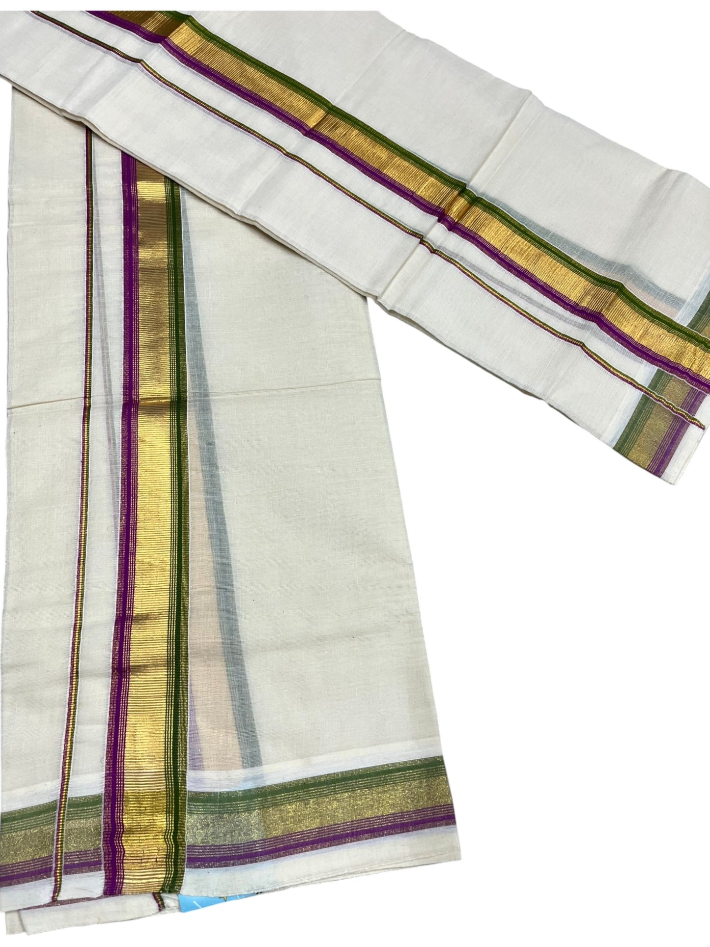 Kerala Cotton Set Mundu (Mundum Neriyathum) with Kasavu and Magenta &Olive Green Border 2.80 Mtrs SLKK SL470
