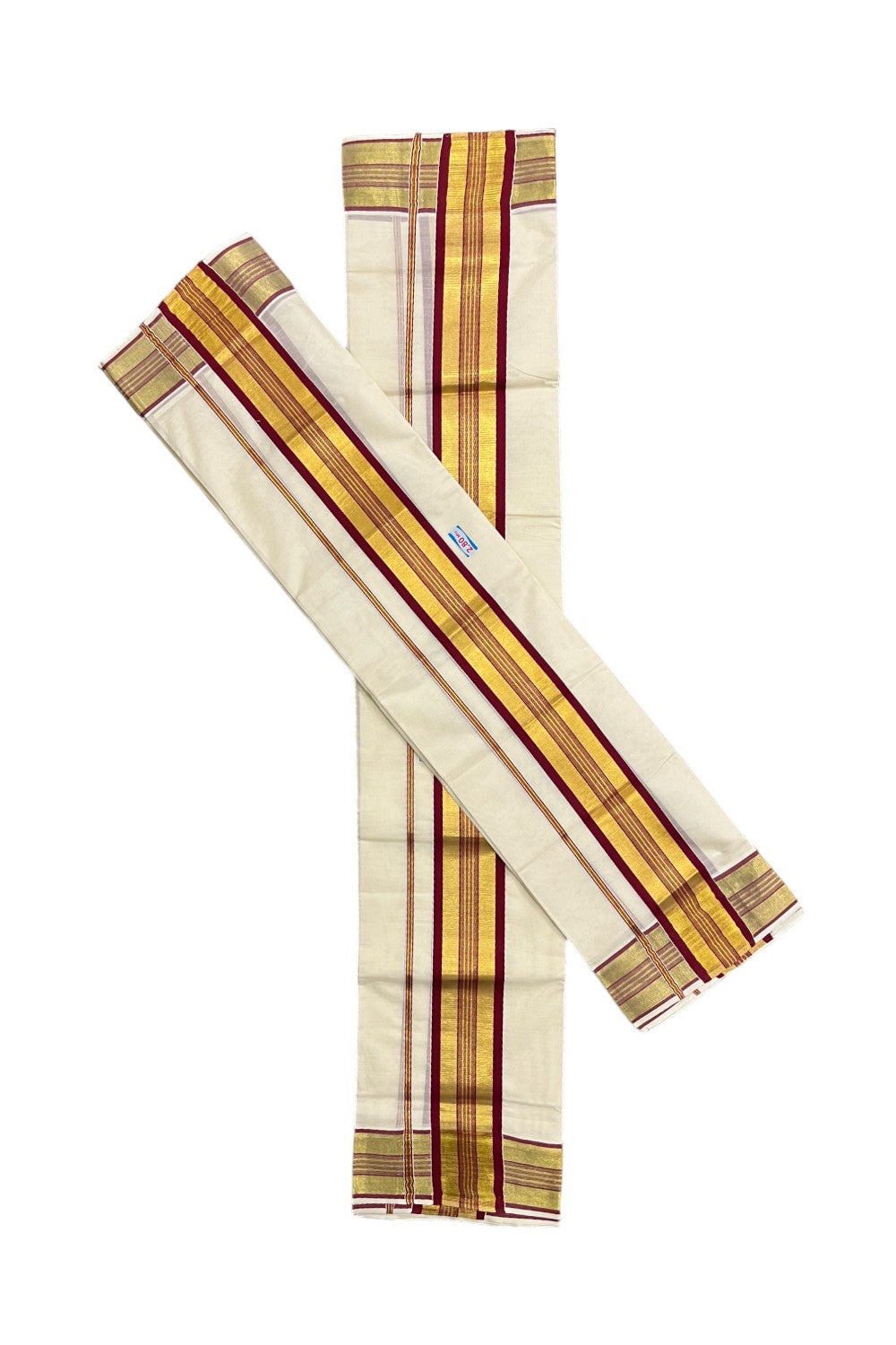 Kerala Cotton Set Mundu (Mundum Neriyathum) with Maroon and Kasavu Border 2.80 Mtrs