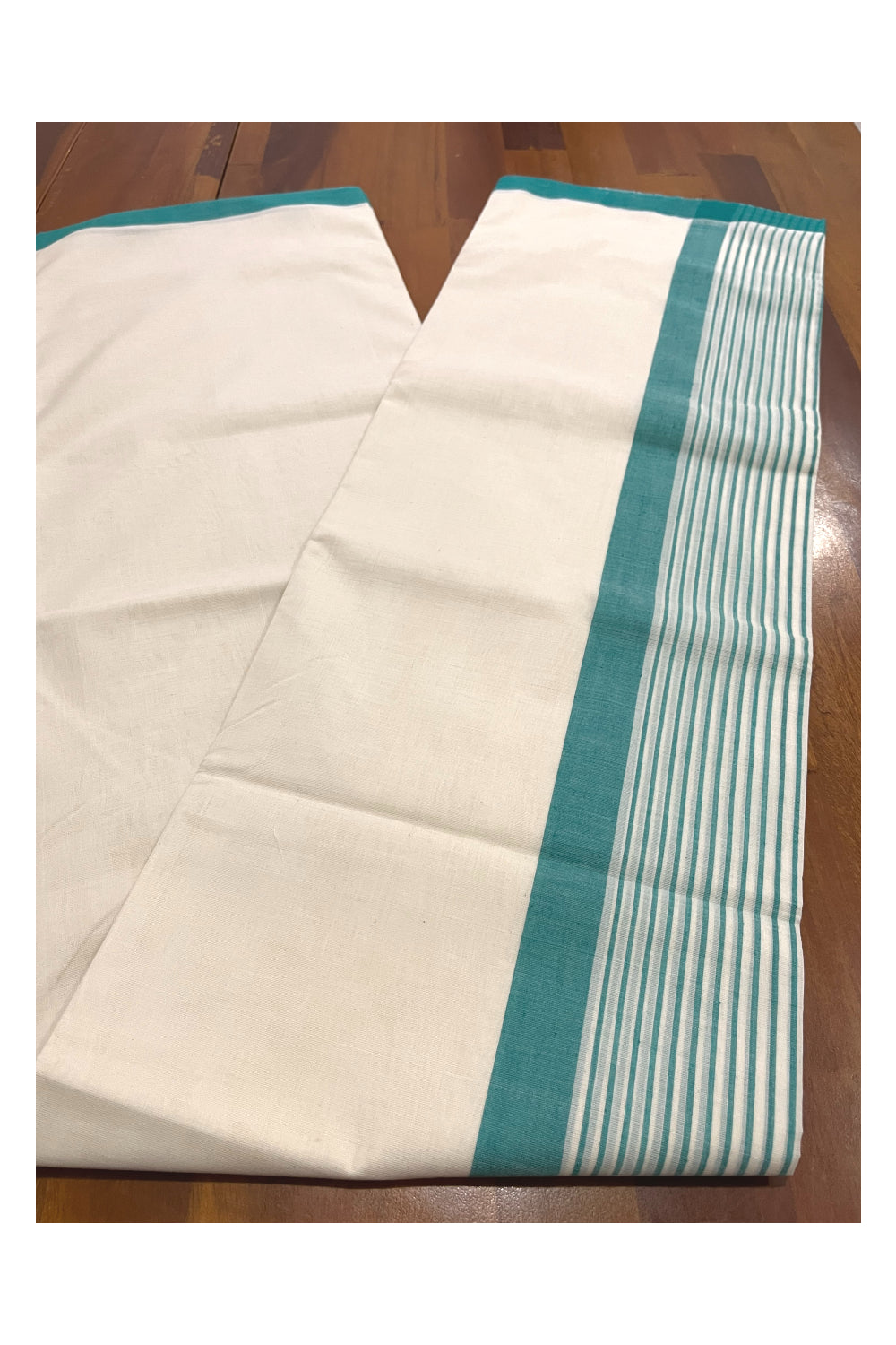 Southloom Premium Balaramapuram Unakkupaavu Handloom Mundu with Green Lines Border (South Indian Kerala Dhoti)