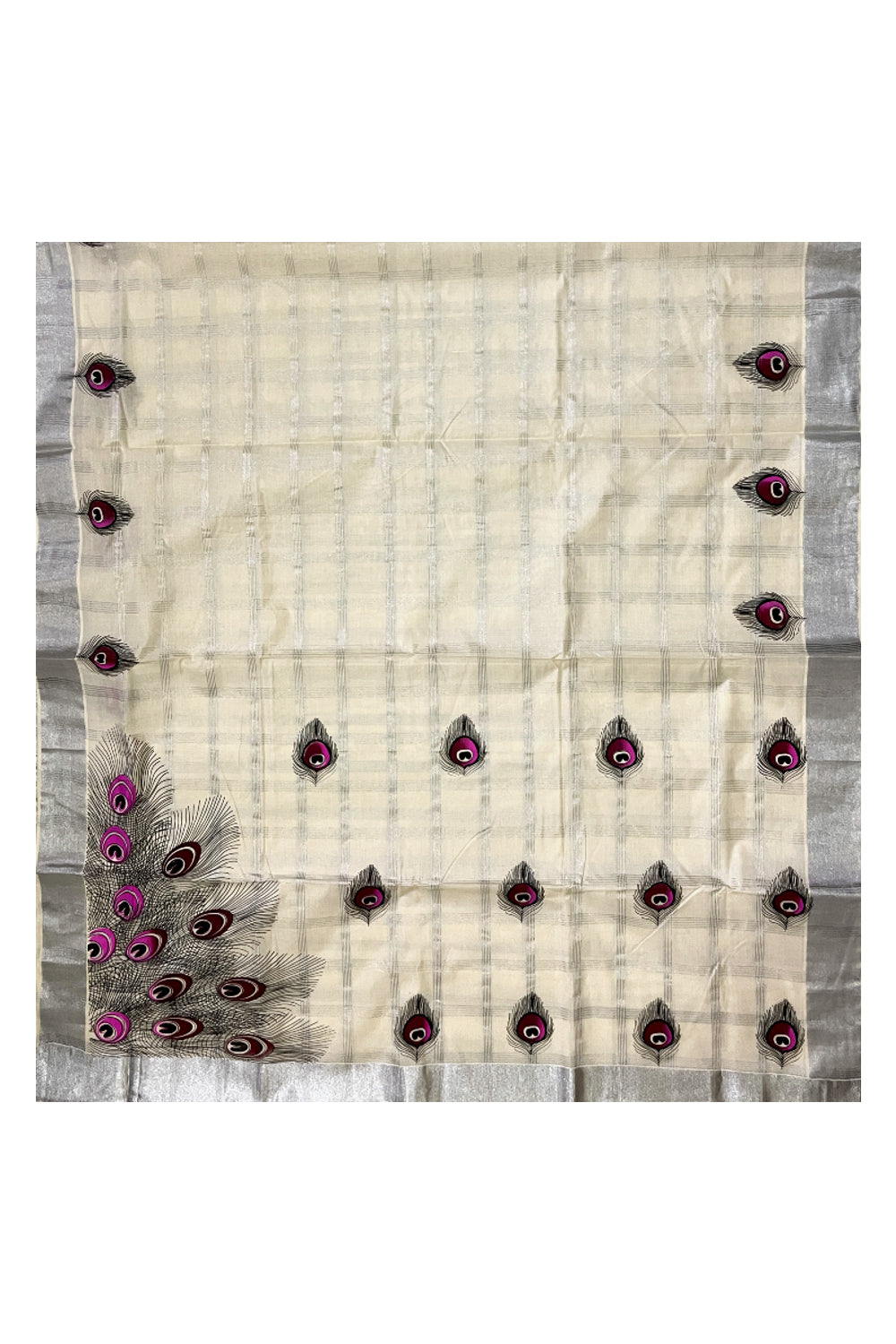 Pure Cotton Kerala Saree with Silver Kasavu Check Designs and Magenta Feather Block Printed Body (Onam Saree 2023)