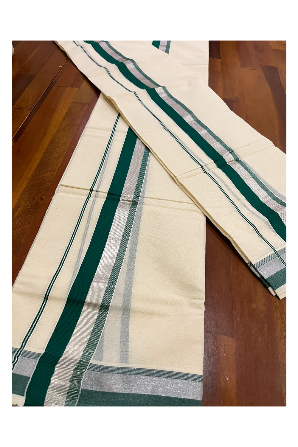 Pure Cotton Mundum Neriyathum Double (Set Mundu) with Green and Silver Kasavu Border 2.80 Mtrs