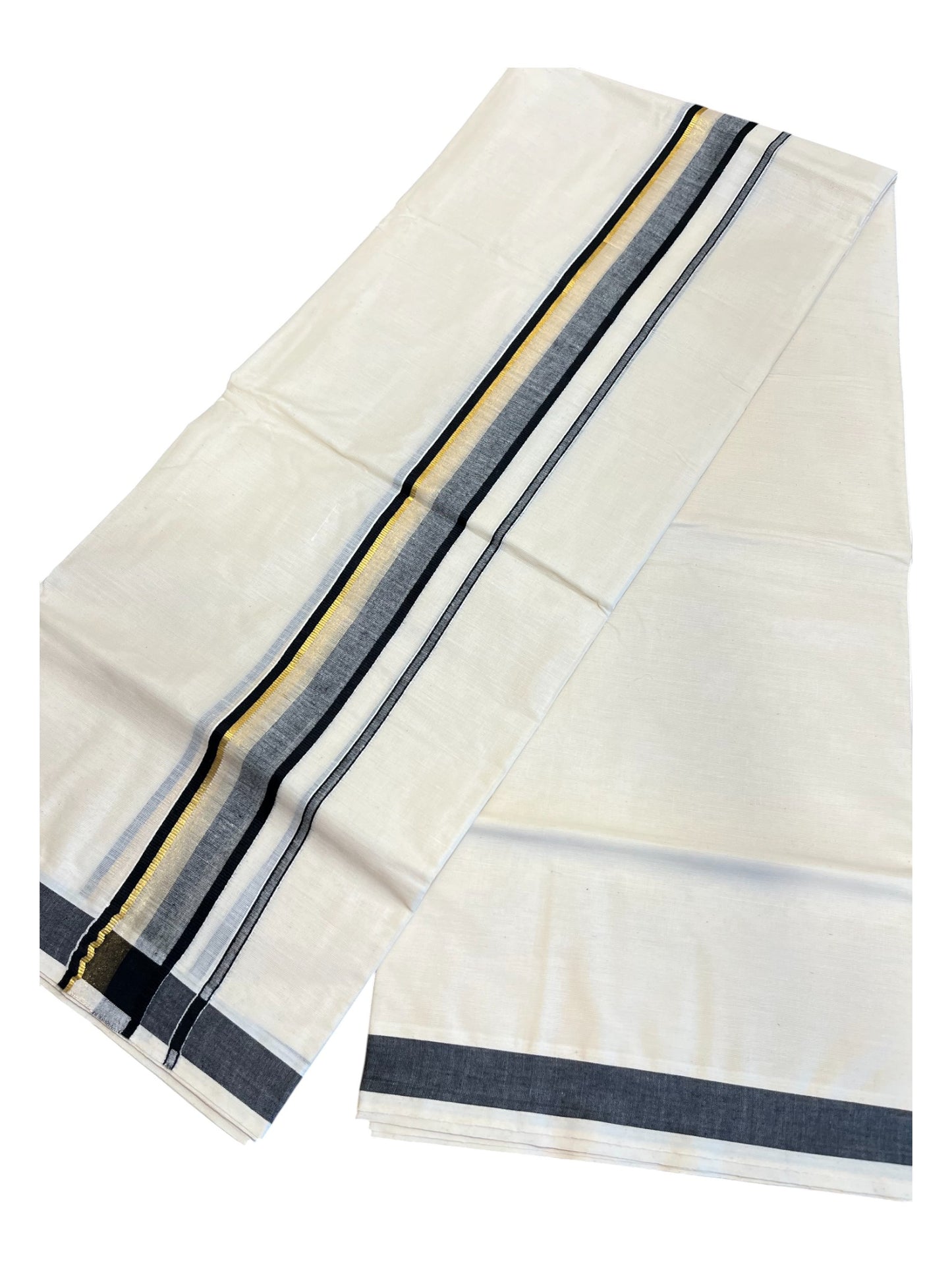 Southloom Pure Cotton  Double Mundu With Gold Kasavu And Black & Gray Border (South Indian Kerala Dhoti)
