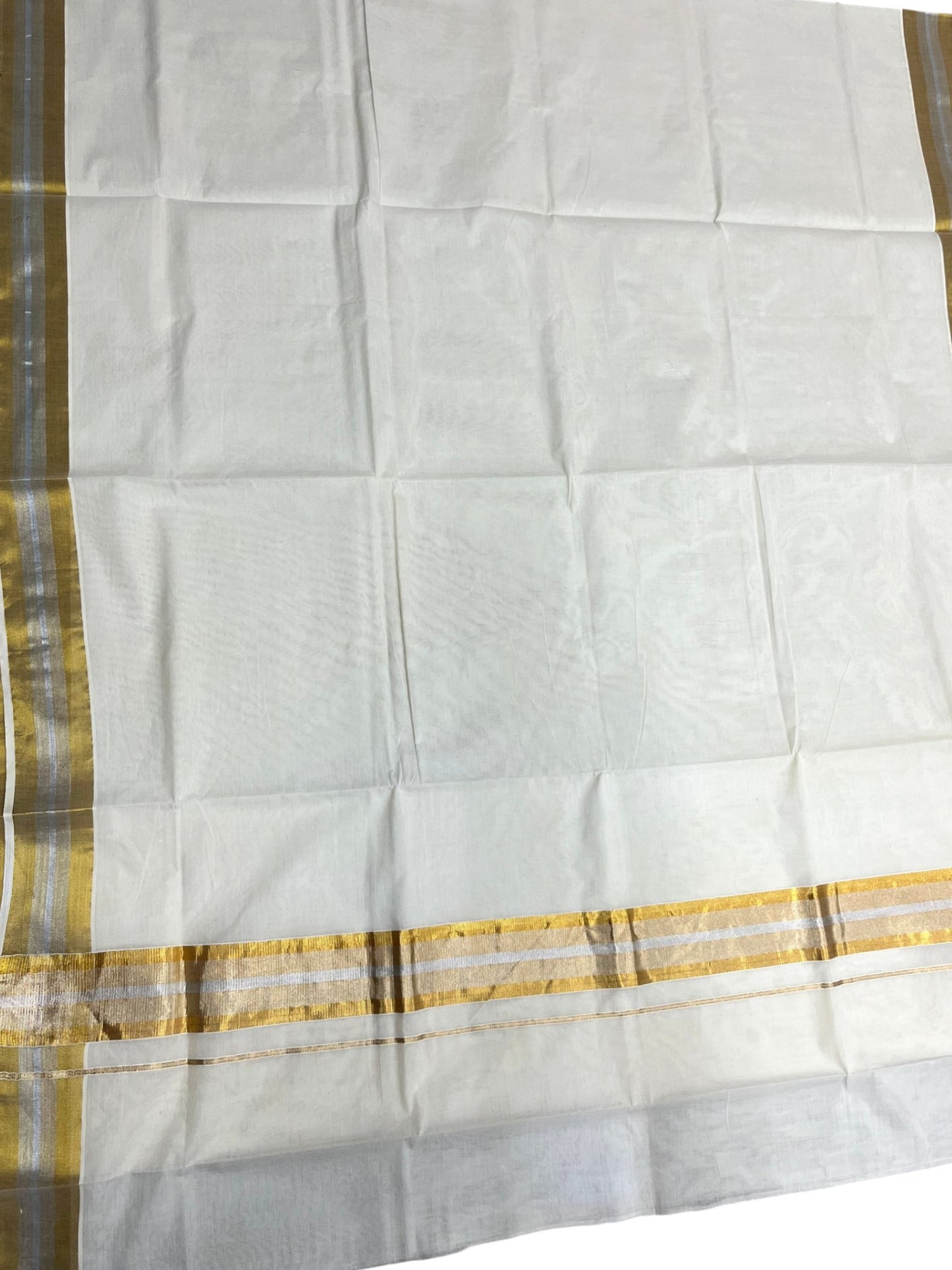 Southloom Pure Cotton Kerala Saree with Gold and Silver Kasavu Border in 3 inch