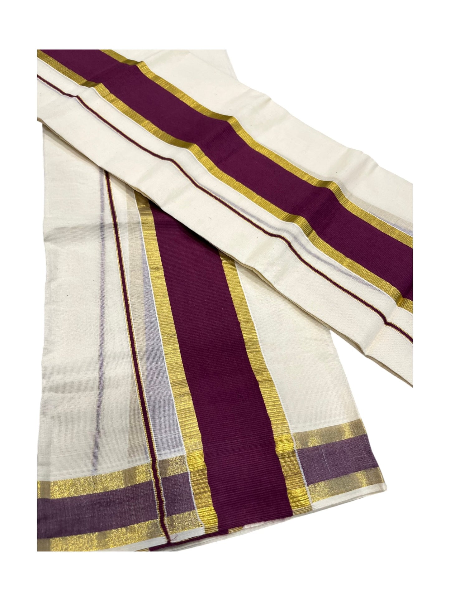 Southloom Kerala Cotton Single Set Mundu (Mundum Neriyathum) with Kasavu and purple Border 2.80Mtrs