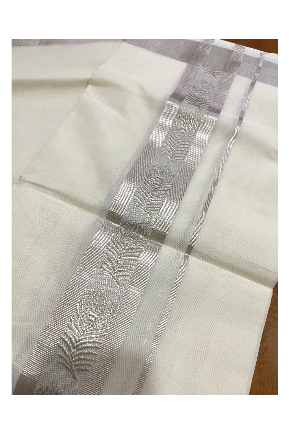 Southloom Premium Handloom Pure Cotton Mundu with Silver Kasavu Woven Border (Onam Mundu 2023)