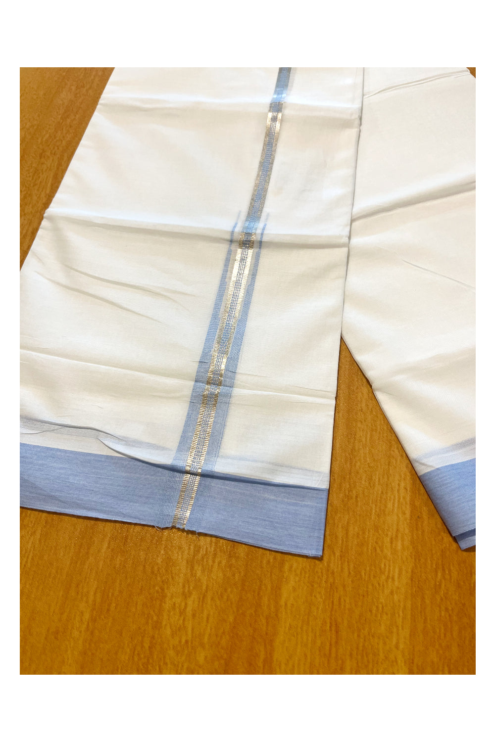 Pure White Cotton Double Mundu with Blue Border (South Indian Dhoti)