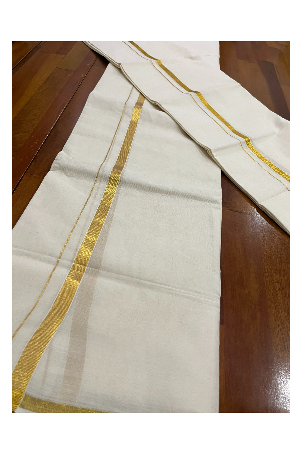 Kerala Cotton Double Set Mundu (Mundum Neriyathum) with 0.5 inch Half Fine Kasavu Border