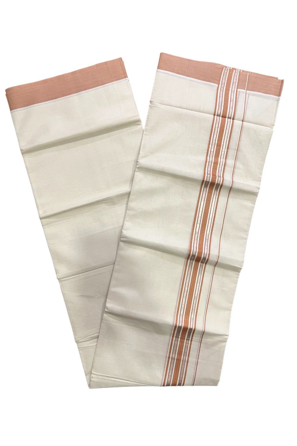 Kerala Pure Cotton Double Mundu with Silver Kasavu and Light Brown Border (Vishu 2024 Collection)