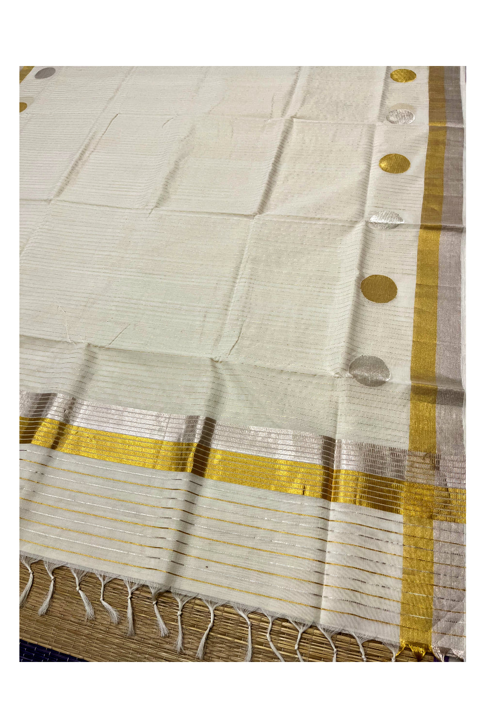 Southloom Premium Handloom Kerala Silver and Golden Kasavu Lines Design Saree with Polka Woven Motifs on Border