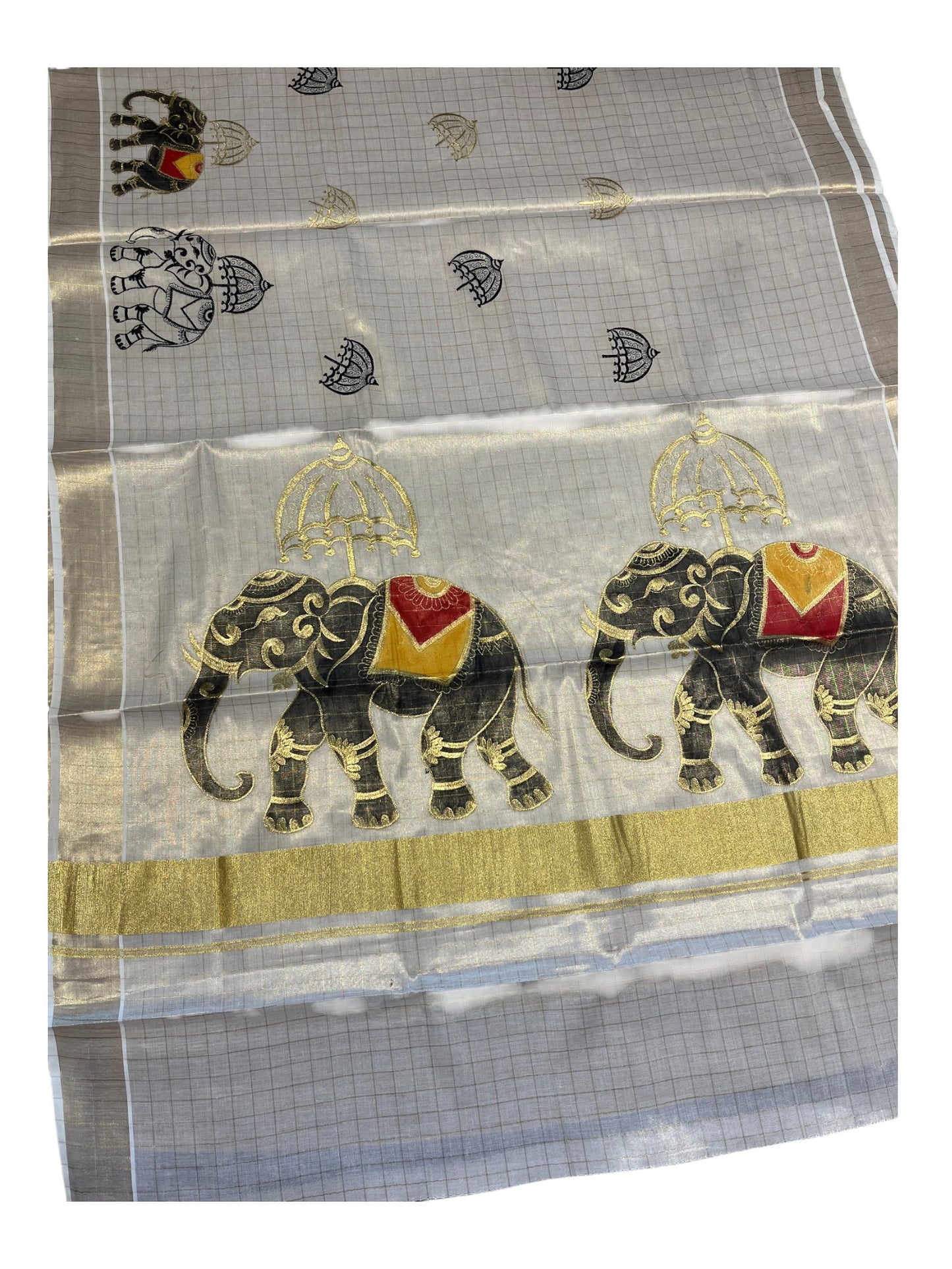 Southloom Kerala Tissue Kasavu Cheack Saree with Embroidery Wor in Elephant Print