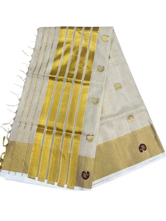 Southloom Super Premium Balaramapuram Handloom Tissue Saree with Gold & Maroon Butta Design and Gold Kasavu Border