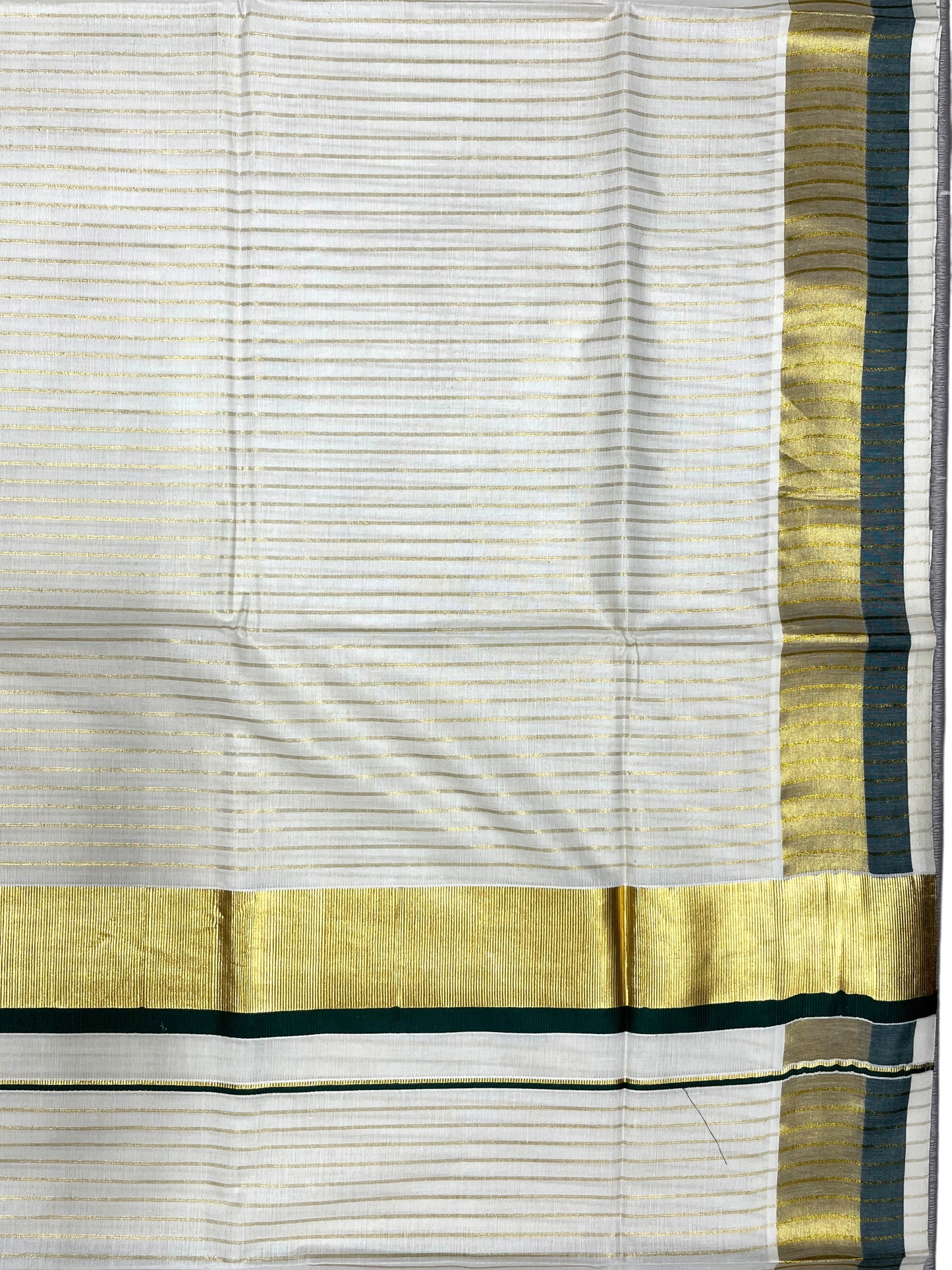 Southloom Pure Cotton Kerala Saree with Gold Kasavu Lines Across Body and Dark GreenBorder
