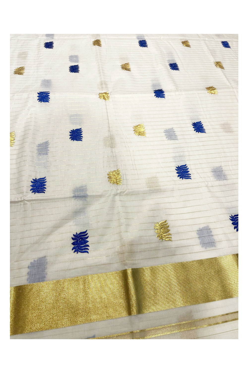 Southloom Kerala Cotton Kasavu Lines Saree with Blue Floral Embroidery Works