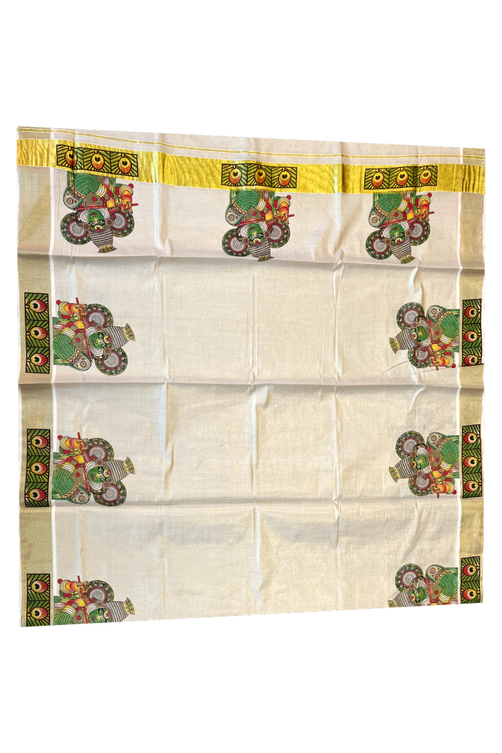 Kerala Tissue Kasavu Saree with Kathakali Mural Prints on Border and Pallu