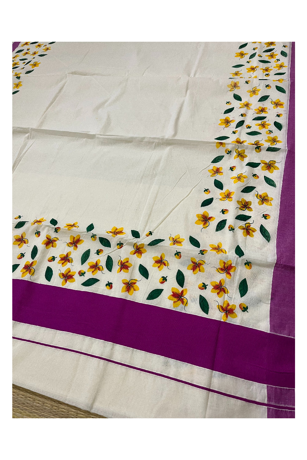 Pure Cotton Kerala Saree with Floral Block Prints and Magenta Border