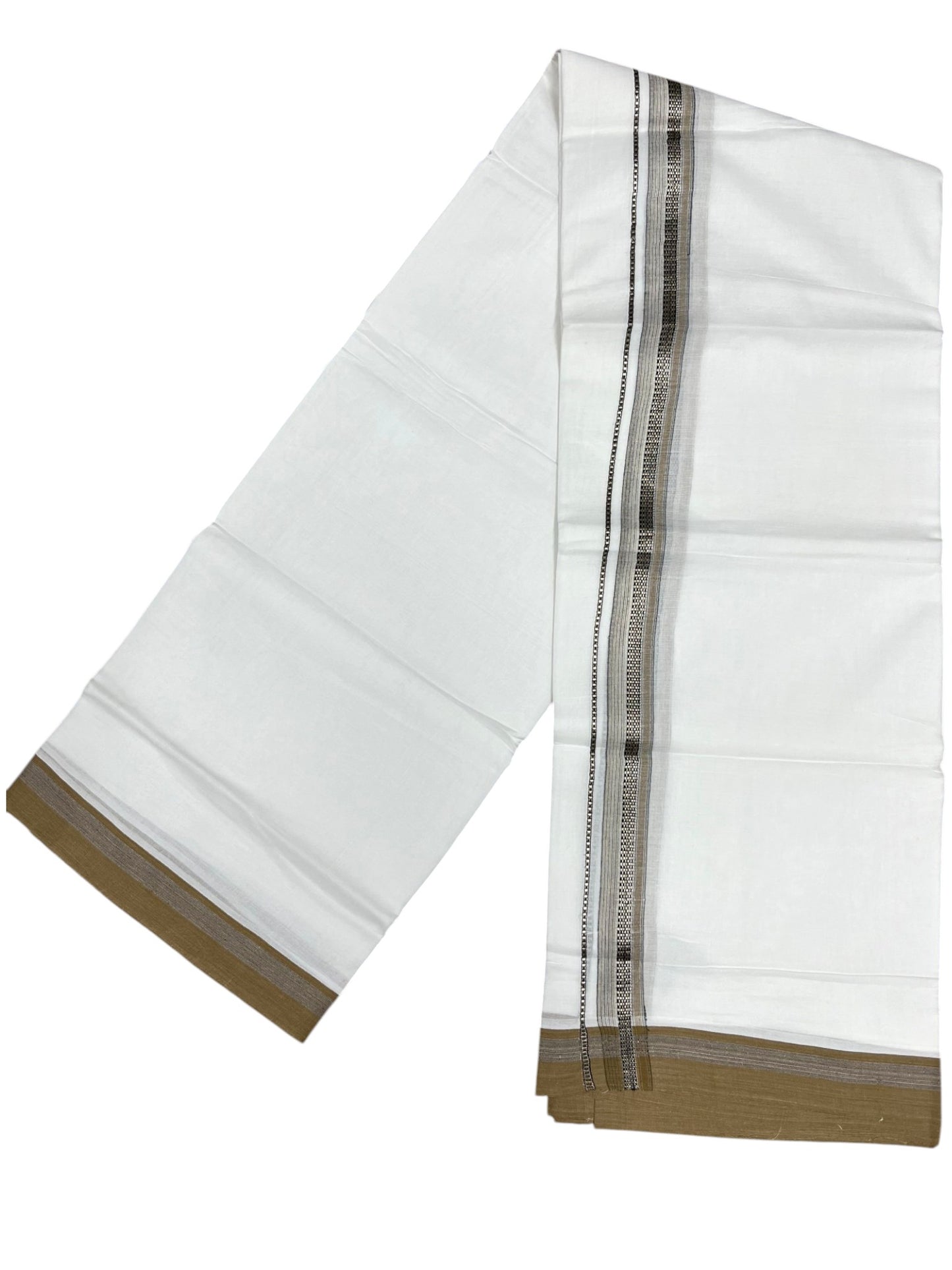 Southloom Pure White Cotton Mundu with Silver Line & Brown Border (South Indian Kerala Dhoti)