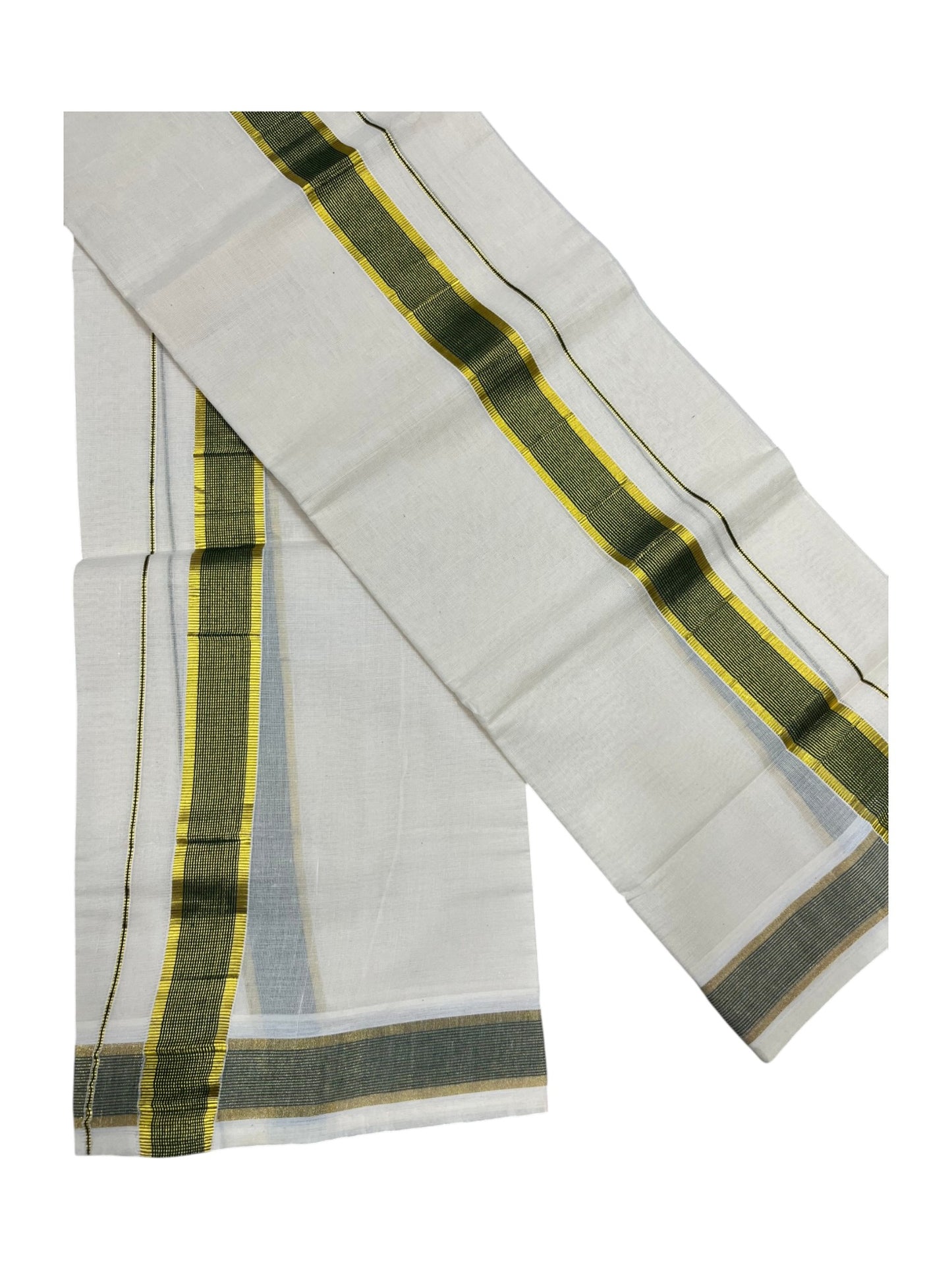 Southloom Pure Cotton Kerala Kasavu Set Mundu (Mundum Neriyathum) Kasavu & Dark Green Border in 2.80 Mtrs
