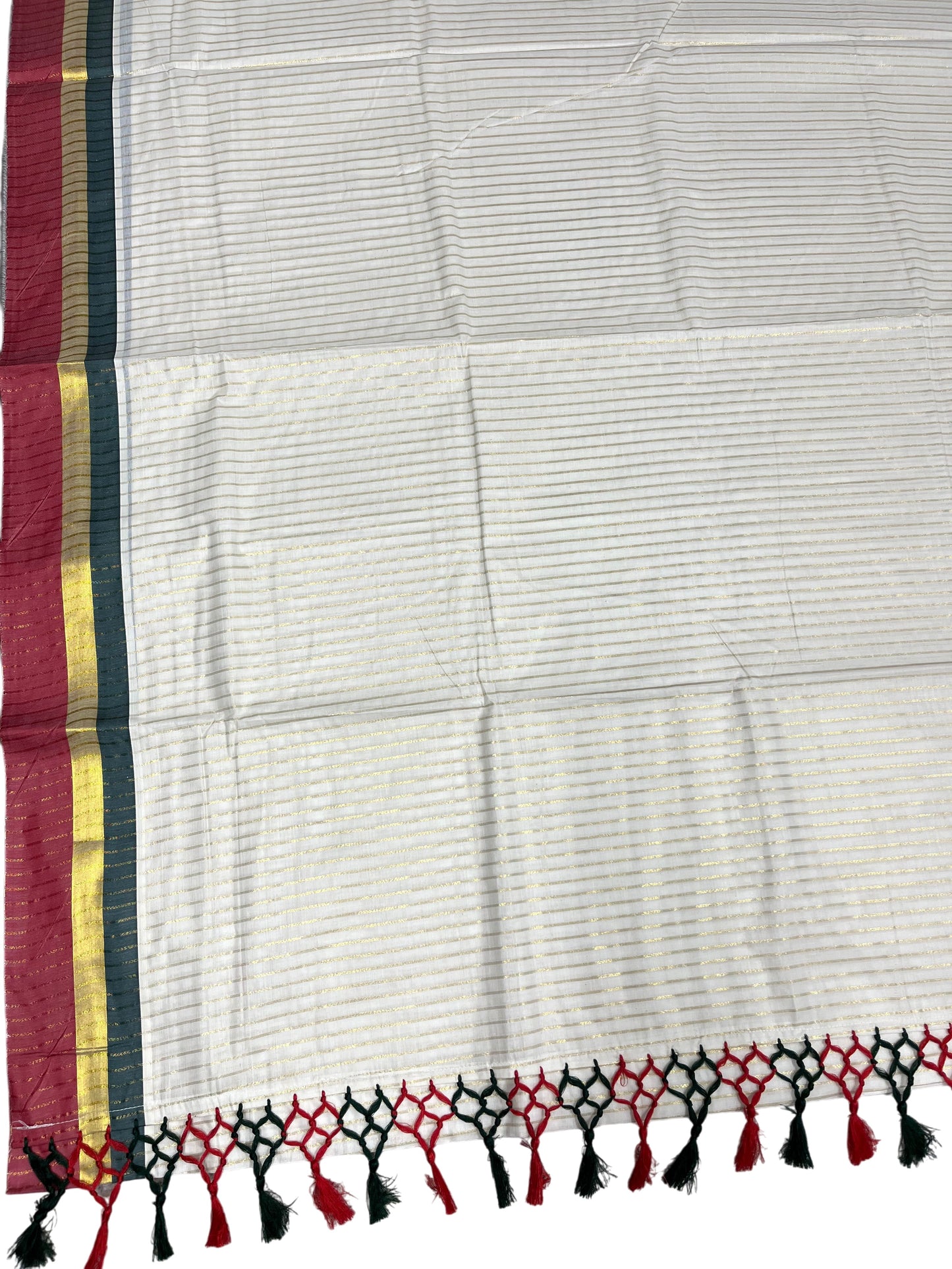 Southloom Cotton Kerala Kasavu Saree with Stripes on Body and Red & Green Border with Tussels
