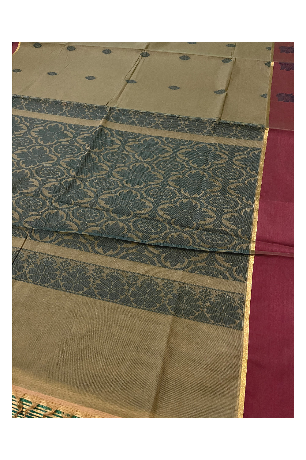 Southloom Cotton Brown Saree with Maroon Floral Woven Border