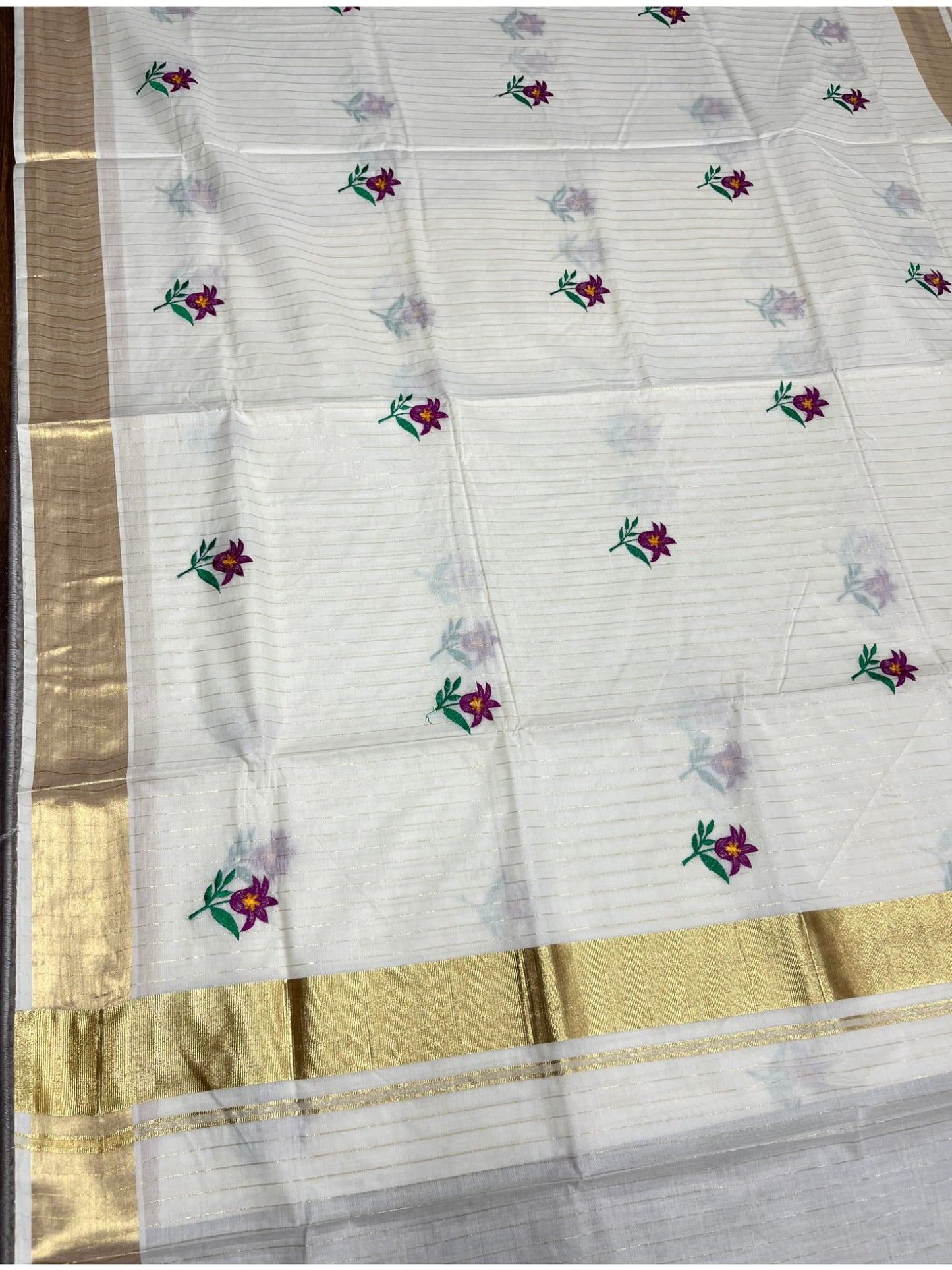 Southloom Kerala Cotton Kasavu Lines Saree with Floral Embroidery Work on Body