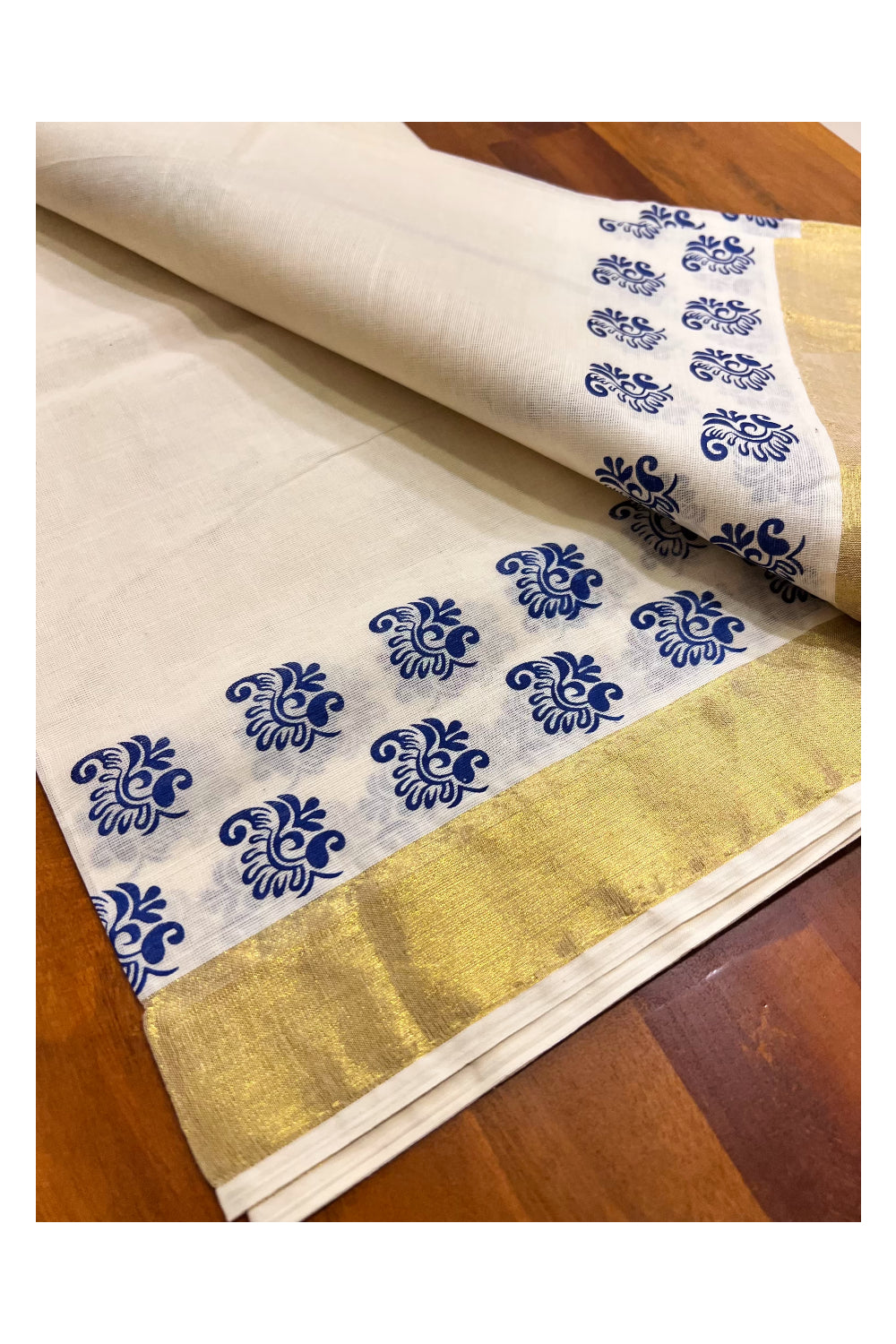 Kerala Pure Cotton Set Mundu Single (Mundum Neriyathum) with Block Prints on Blue and Kasavu Border-2.80Mtrs