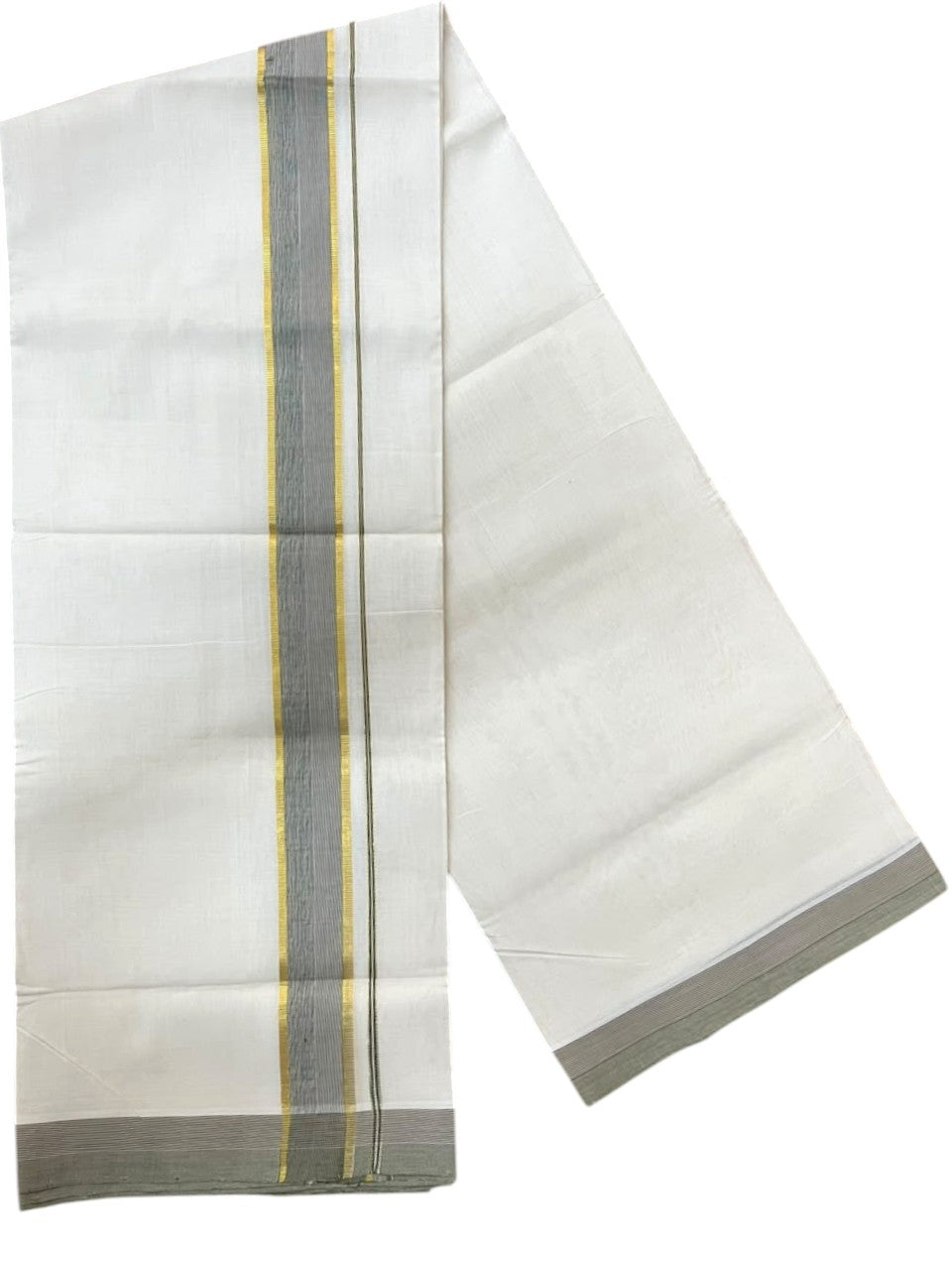 Southloom Balaramapuram Unakkupaavu Premium Handloom Cotton Double Mundu with Gold Kasavu and Olive Green Border