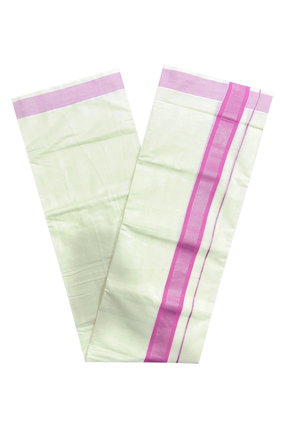 Kerala Pure Cotton Double Mundu with Pink and Silver Kasavu Border (South Indian Kerala Dhoti)