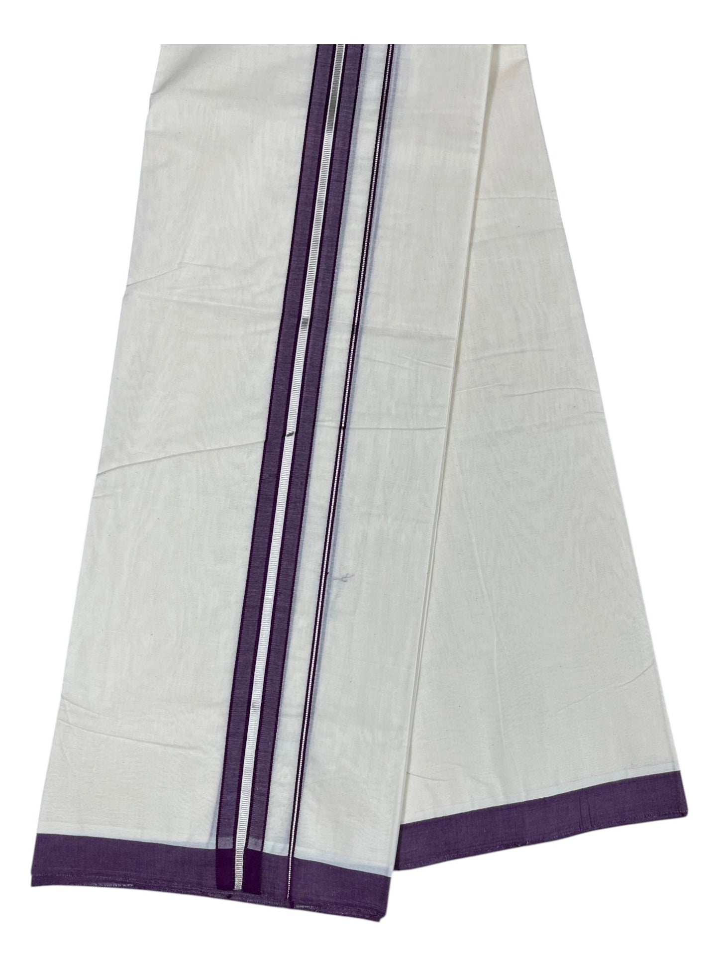 Southloom Pure Cotton Mundu with Silver Lines and Purple Border (South Indian Kerala Dhoti)
