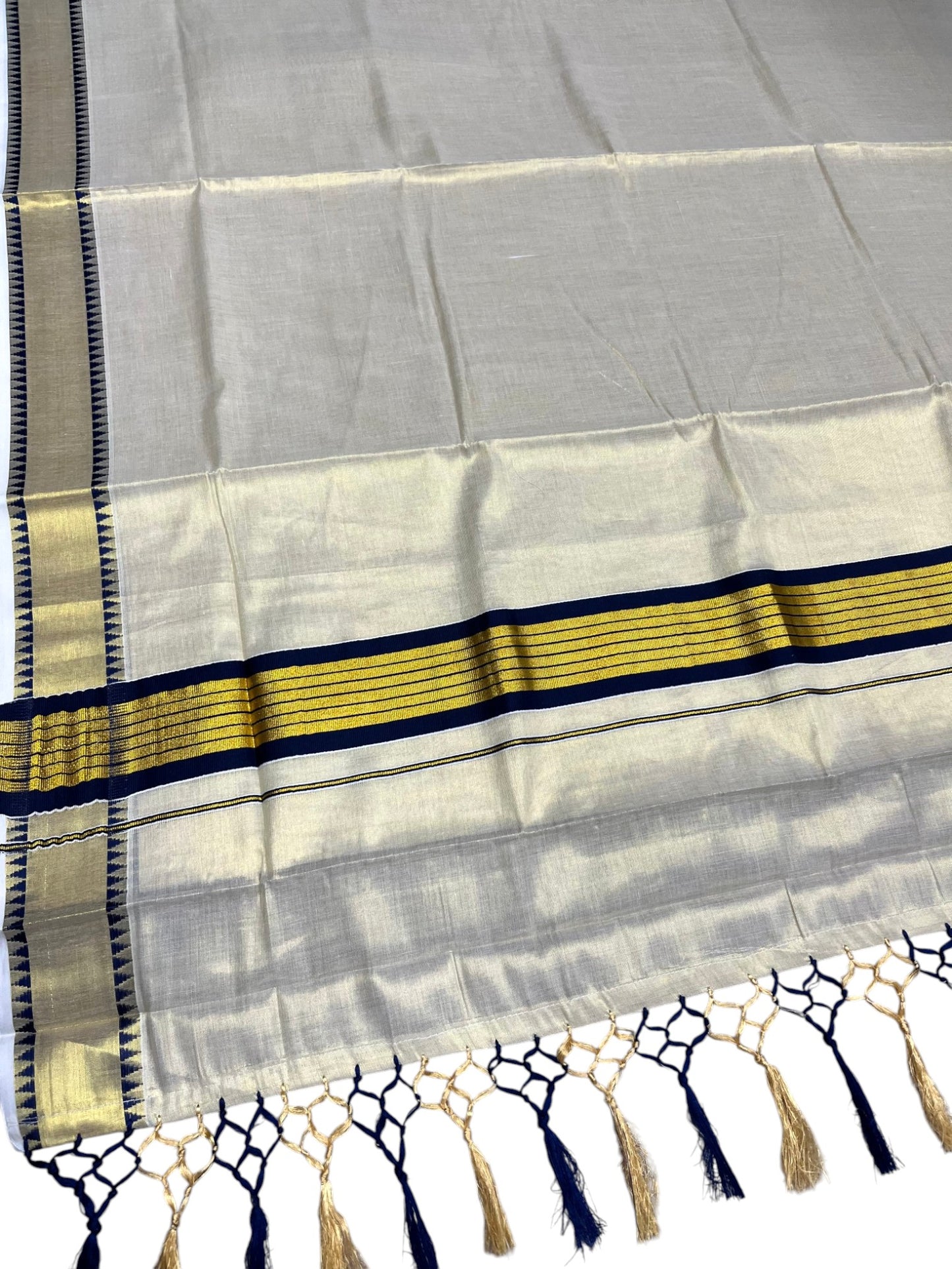 Southloom Kerala Tissue Kasavu Saree With Blue Temple Woven Works on Border SL365