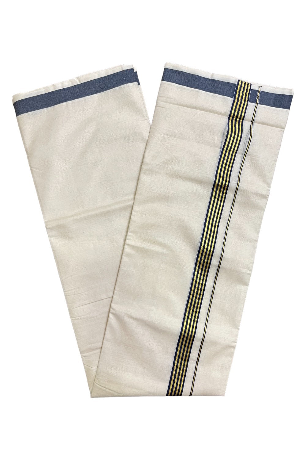 Kerala Pure Cotton Double Mundu with Navy Blue and Kasavu Lines Border (South Indian Kerala Dhoti)