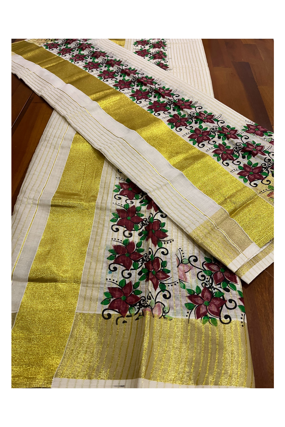 Kerala Cotton Set Mundu (Mundum Neriyathum) with Kasavu Lines Design on Body and Maroon Block Printed Border 2.80 Mtrs (Onam Set Mundu 2023)