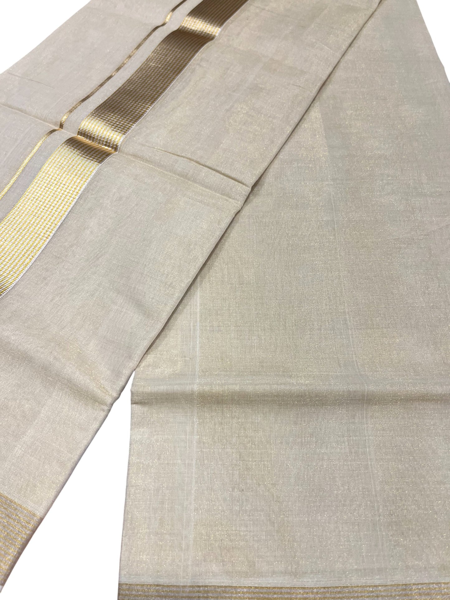 Southloom Premium Handloom Tissue Double Mundu with Gold And Silver Kasavu Border