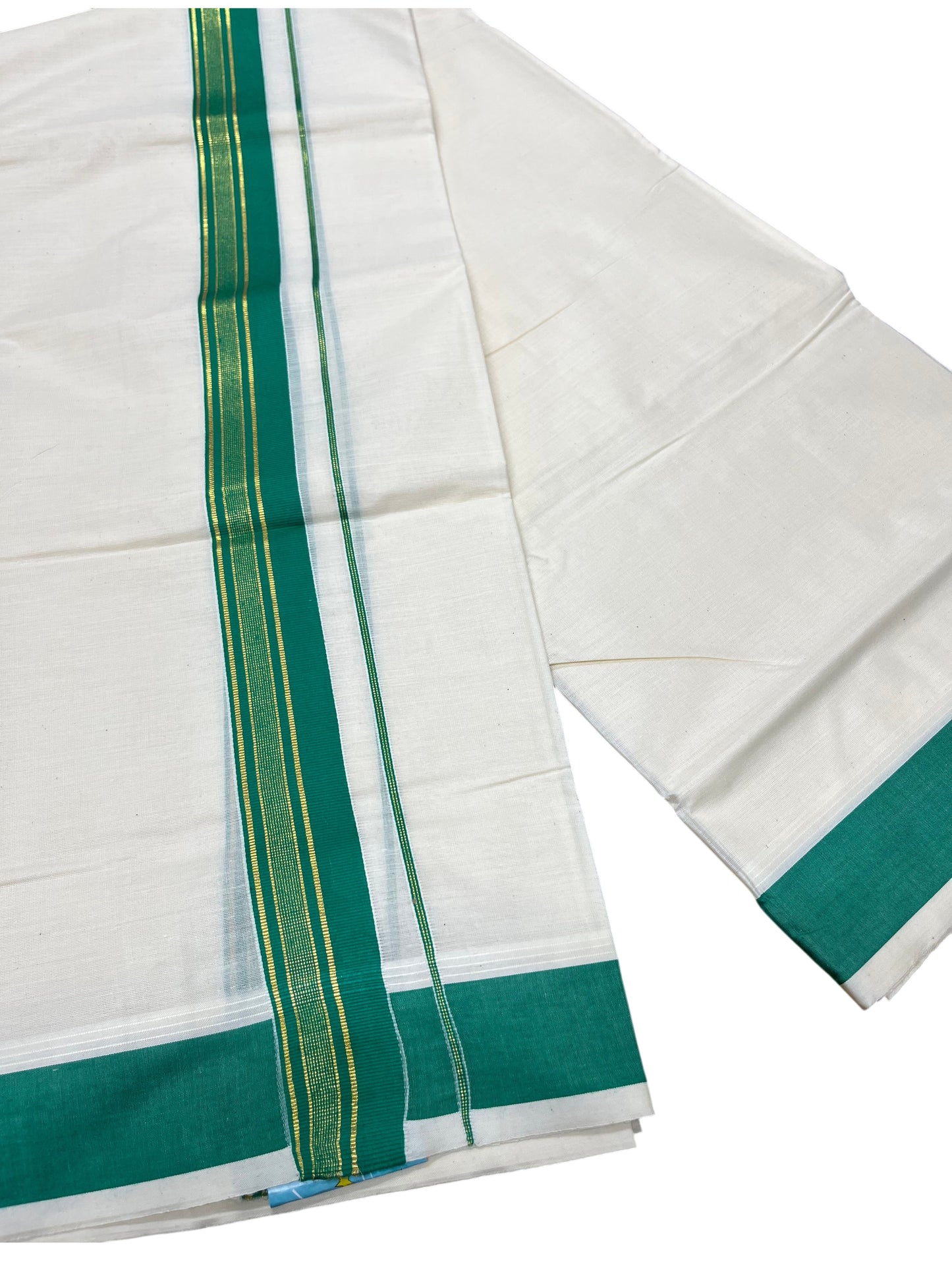 Southloom Pure Cotton Mundu with Green Border (South Indian Kerala Dhoti)